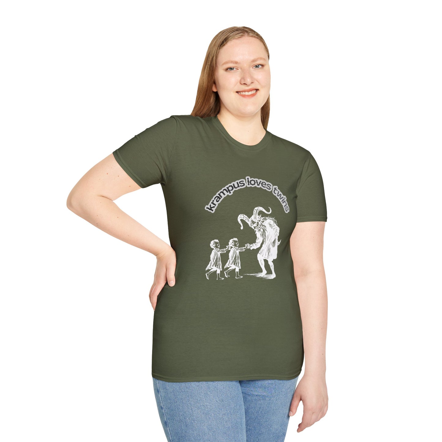 Krampus Loves Twins- Horror Theme Twin Parent Shirt — Funny Gothic Holiday Tee