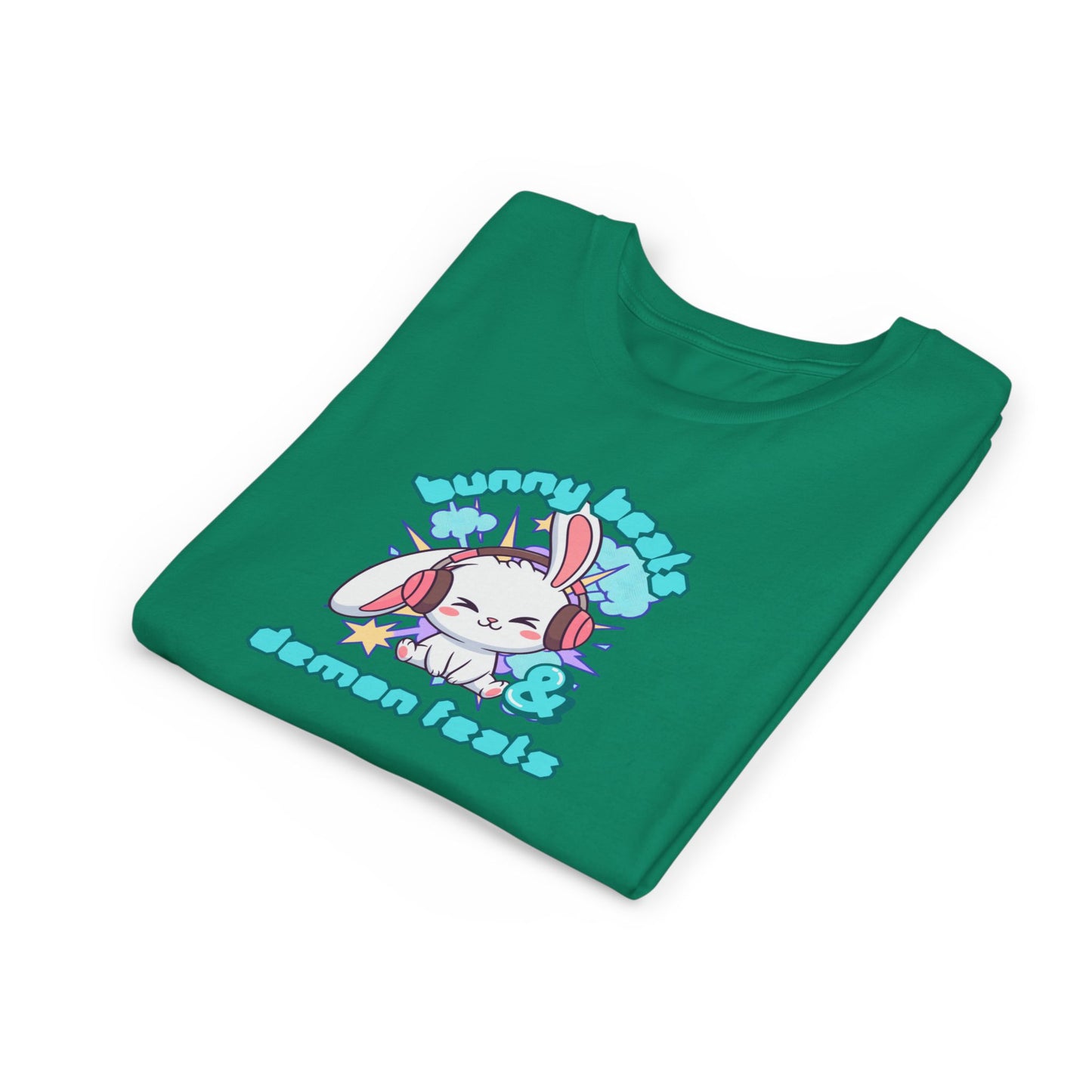 Cute Easter Bunny Headphones Graphic Tee for Young Adults- "Bunny Beats and Demon Feats" Anime K-pop Shirt
