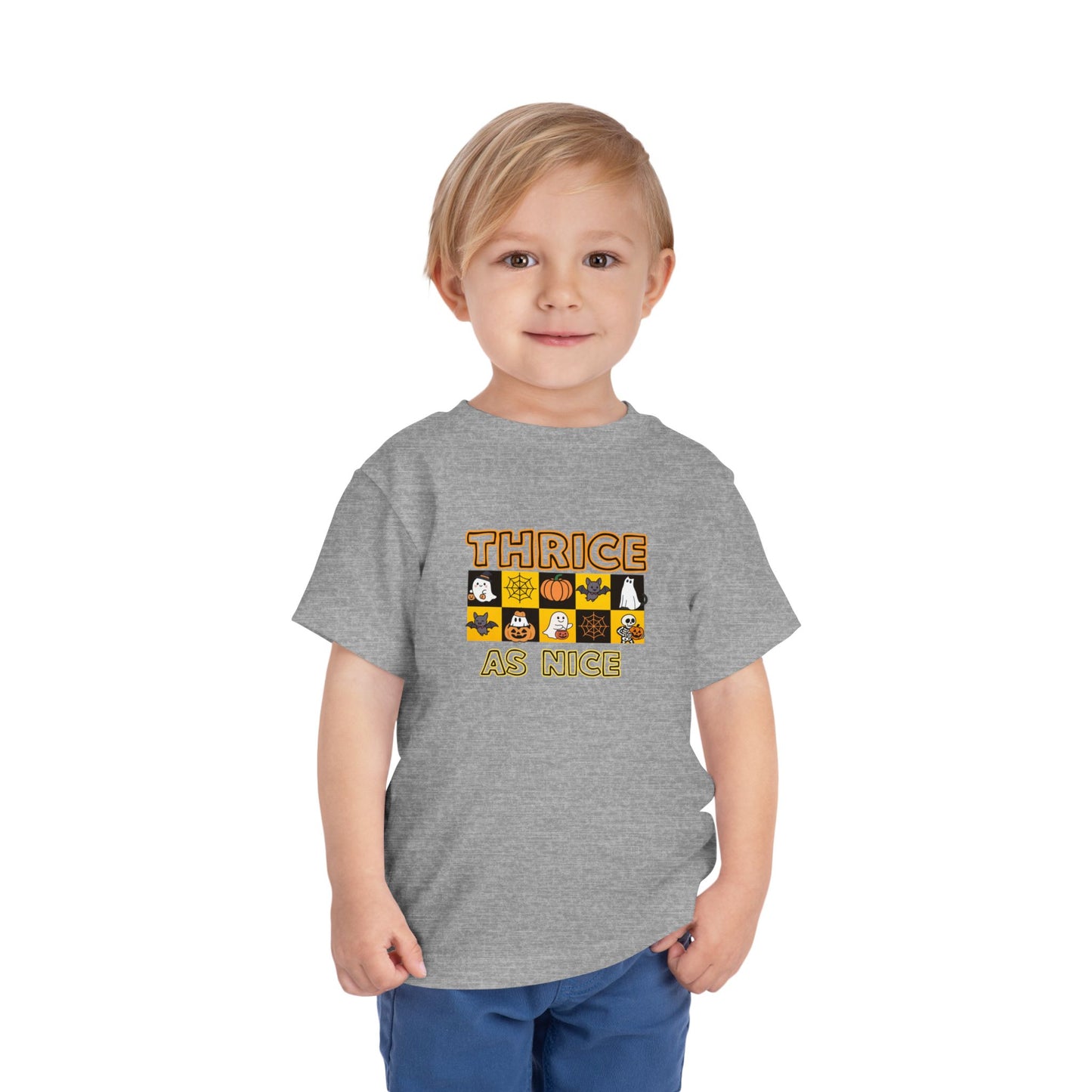 Triplet Halloween Matching Tee — "Thrice As Nice" Cute Checkerboard Fall Graphic (2 to 5 years)