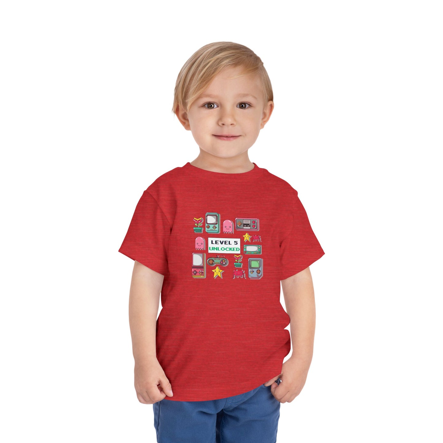 5th Birthday Tee — "Level 5 Unlocked" Retro Game Icons