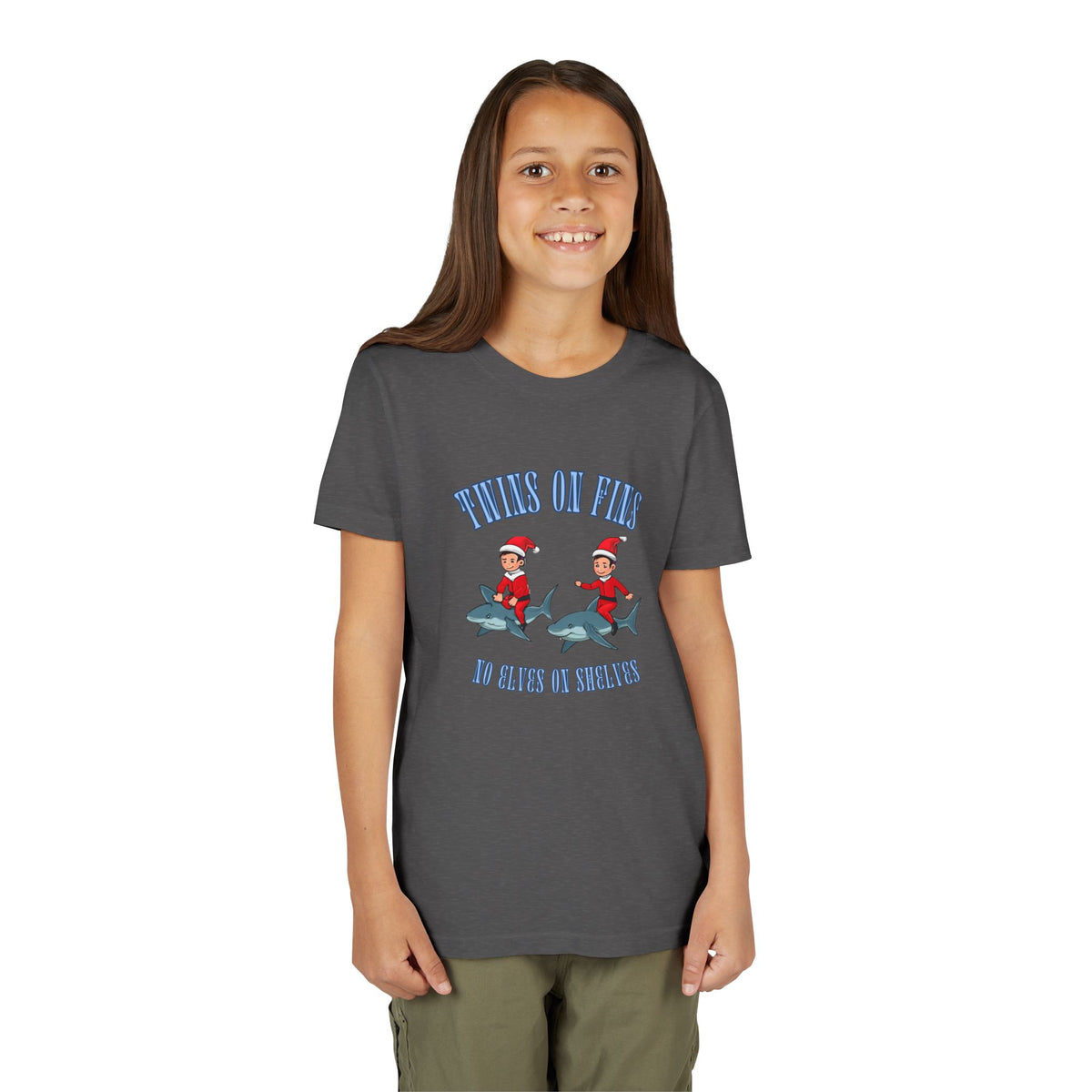 Twins on Fins- Shark Graphic Shirt- Elves on Shelves Parody