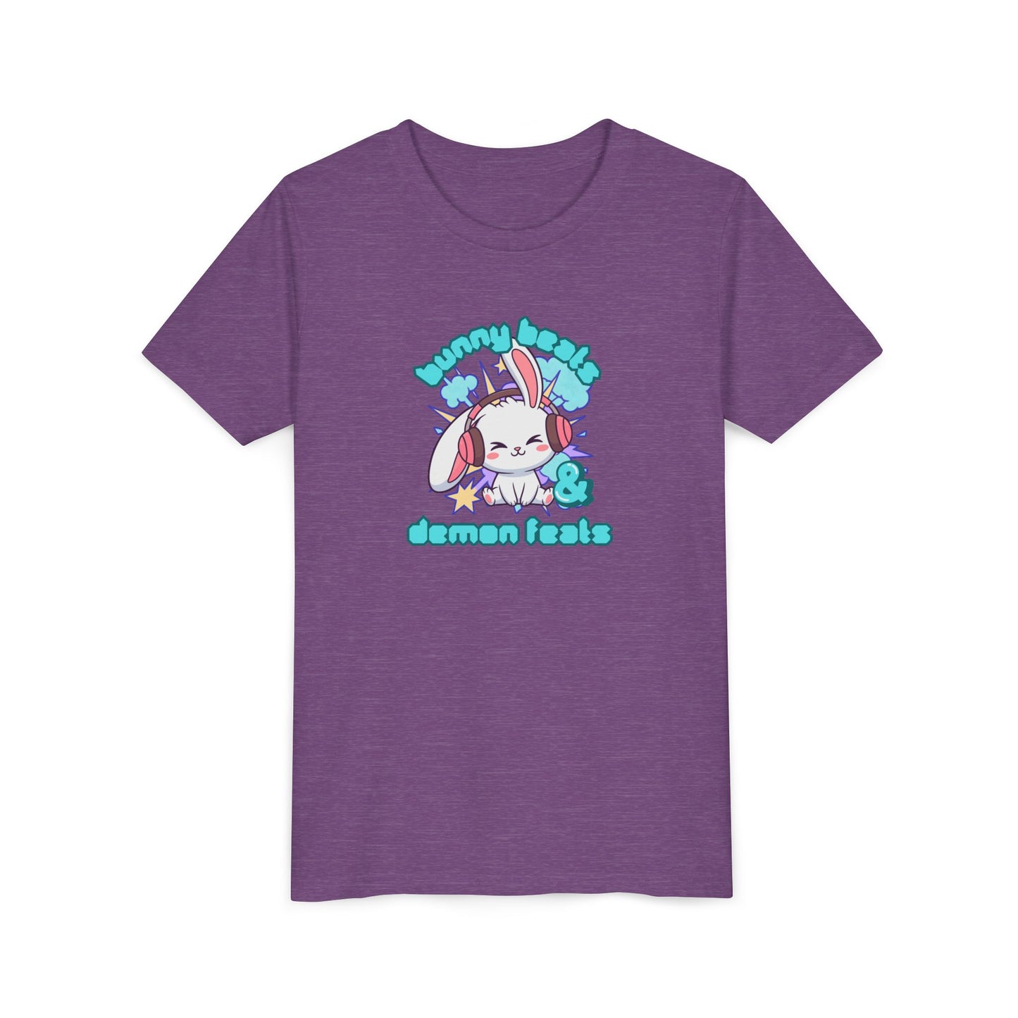 Cute Easter Bunny Headphones Graphic Tee for Young Adults- "Bunny Beats and Demon Feats" Anime K-pop Shirt