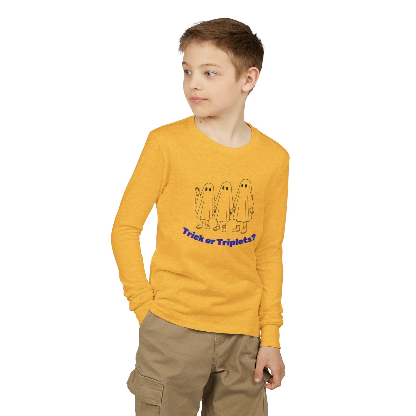 Youth Long Sleeve Tee — 'Trick or Triplets?' Ghosts Halloween Shirt