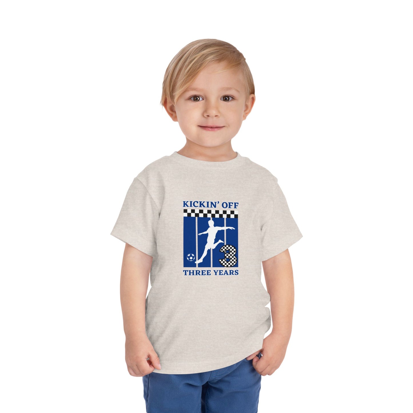 Kickin' Off Three Years Toddler Boy Tee — Soccer Third Birthday Shirt