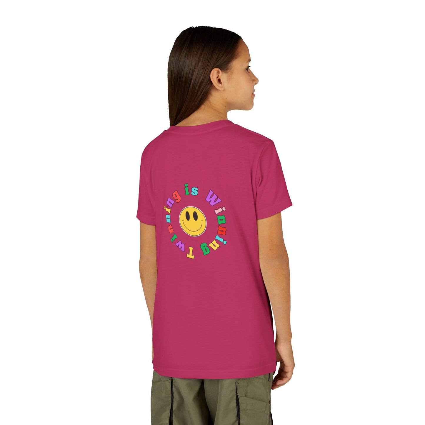 Twin Gymnastics Tee- Front and Back Retro Smiley Face Designs — 'Twinning is Winning' Rainbow