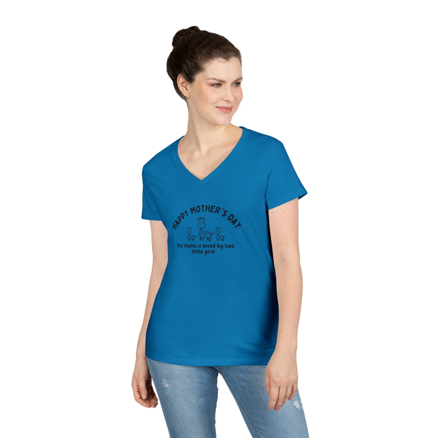 "Happy Mother's Day- This Mama is loved by two little girls"- V-Neck T-Shirt for Twin Girl Mamas
