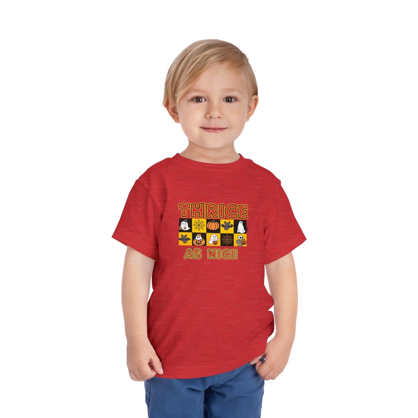 Triplet Halloween Matching Tee — "Thrice As Nice" Cute Checkerboard Fall Graphic (2 to 5 years)