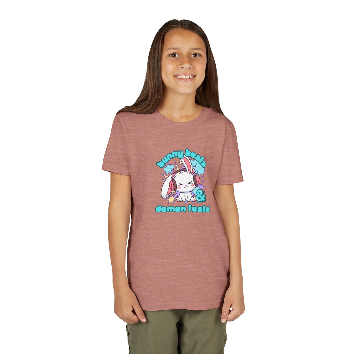 Cute Easter Bunny Headphones Graphic Tee for Young Adults- "Bunny Beats and Demon Feats" Anime K-pop Shirt