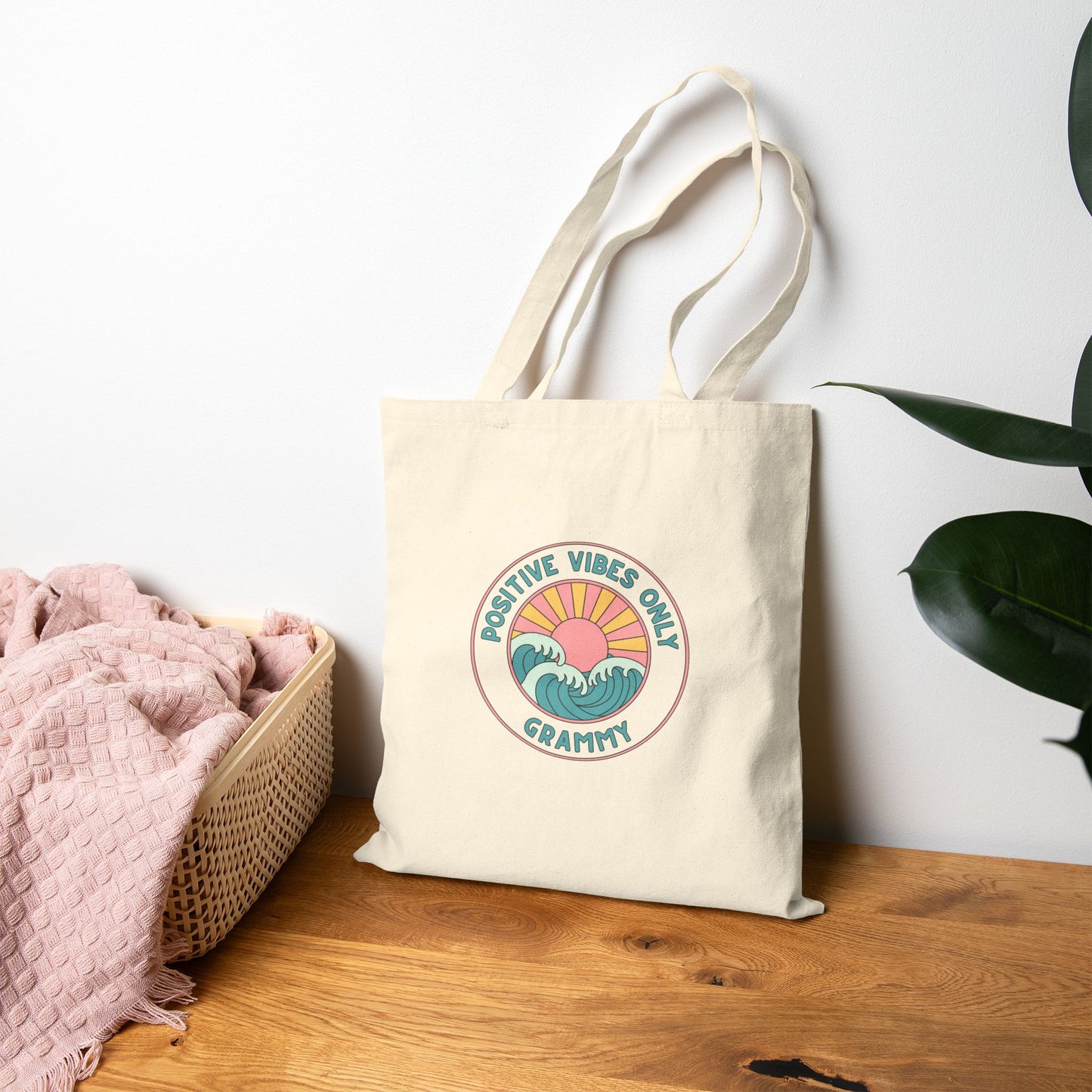 Grammy-Positive Vibes Only – Vintage Sunset Wave Canvas Shopper