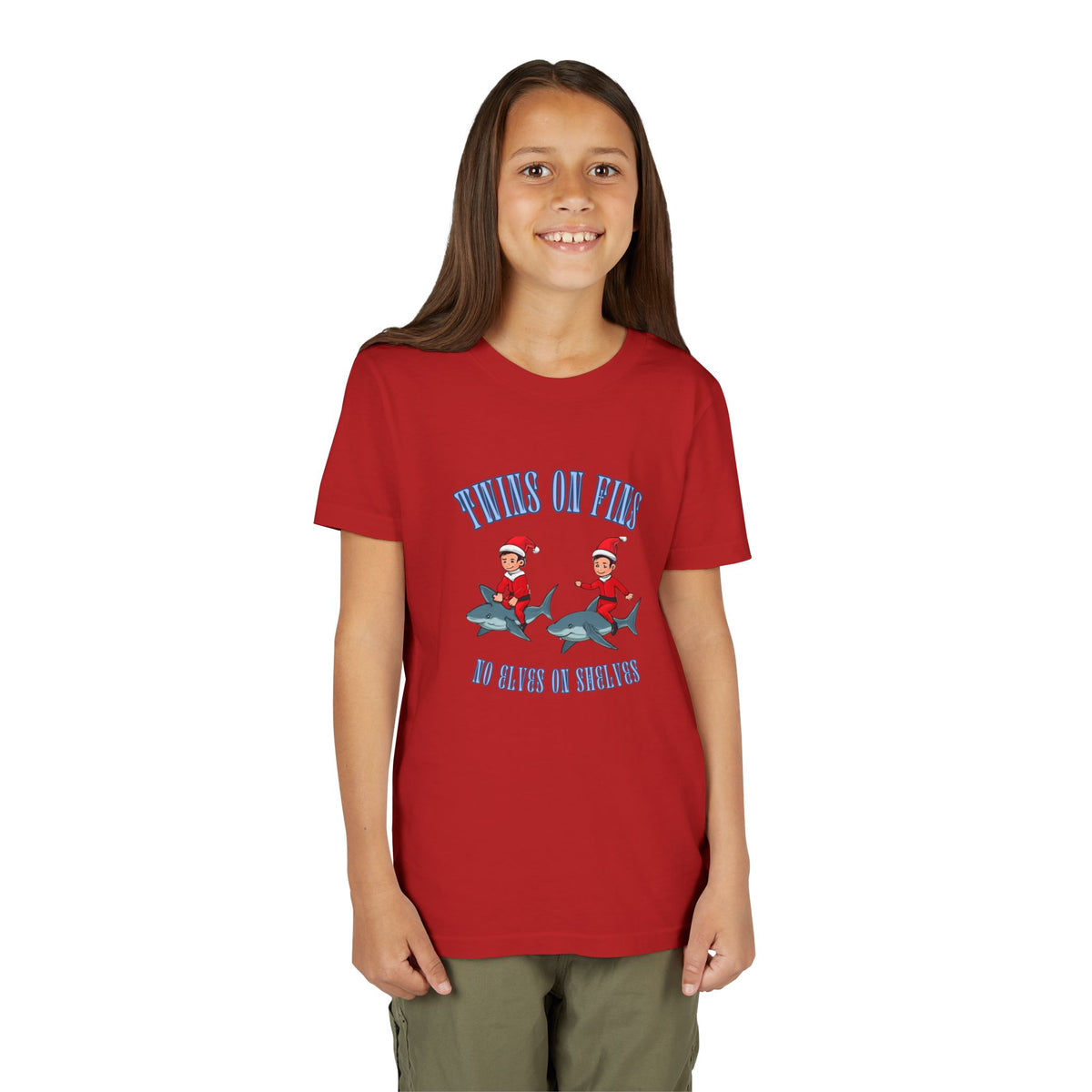 Twins on Fins- Shark Graphic Shirt- Elves on Shelves Parody