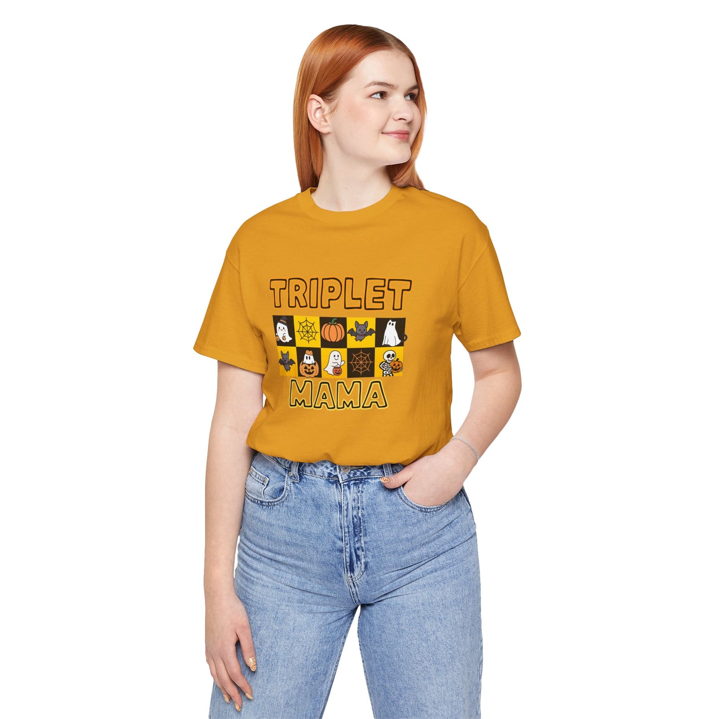 Triplet Mama Halloween Tee — Cute Spooky Mom Shirt with Ghosts & Pumpkins