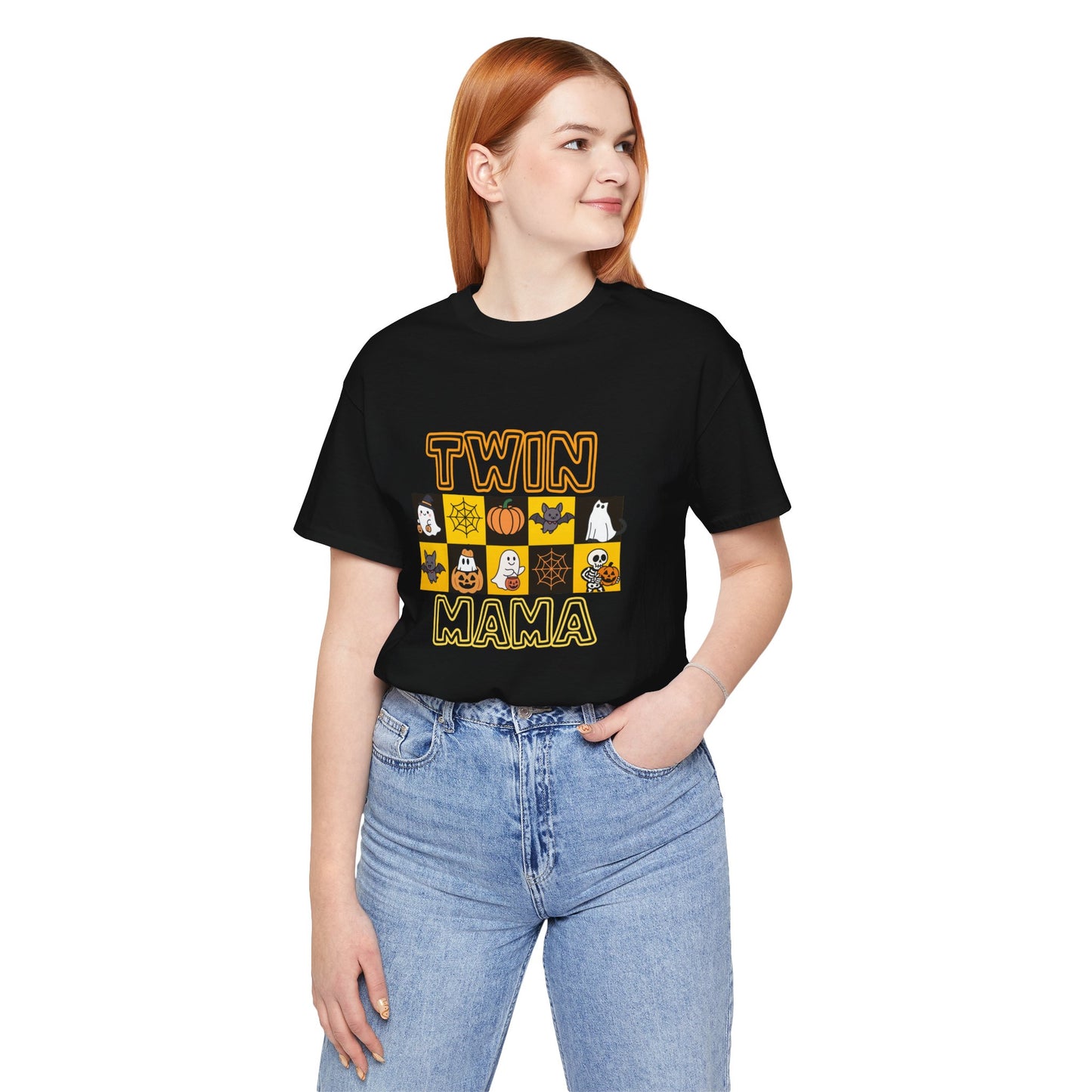 Twin Mama Halloween Tee – Cute Spooky Checkerboard Shirt for Twin Moms