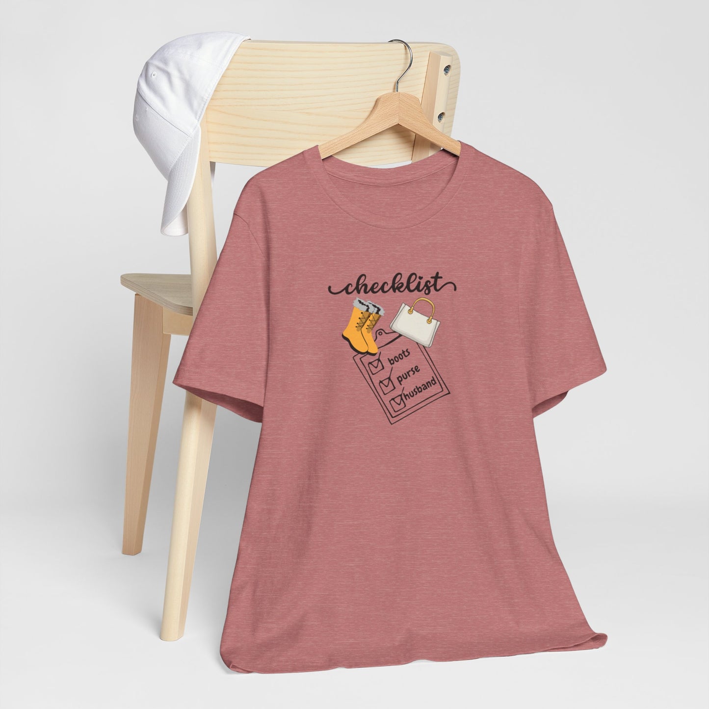 Wife Joke Checklist Tee - 'Checklist: Boots, Purse, Husband' Graphic T-Shirt Christmas Gift