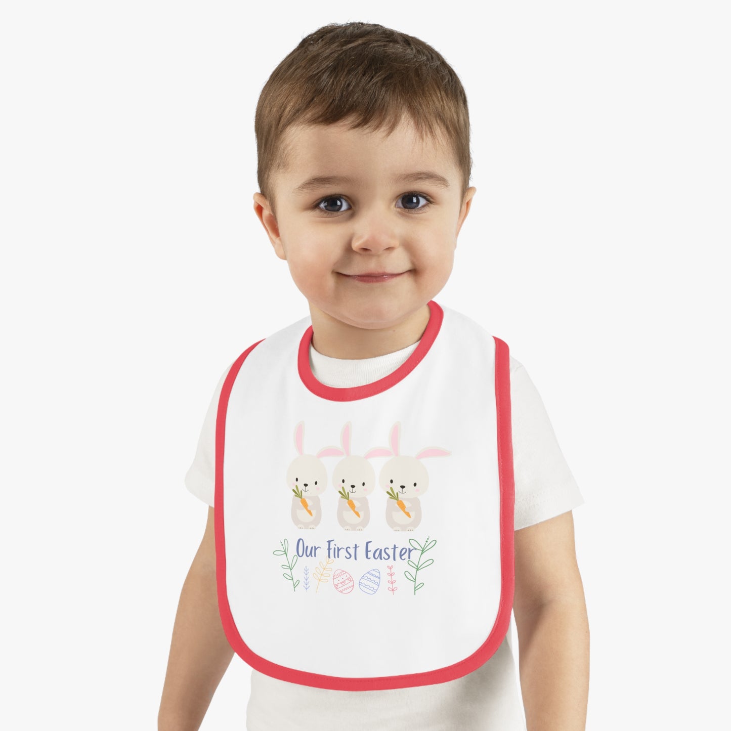 Our First Easter Triplet Baby Bib - Adorable Contrast Trim Jersey Bib for Special Celebrations
