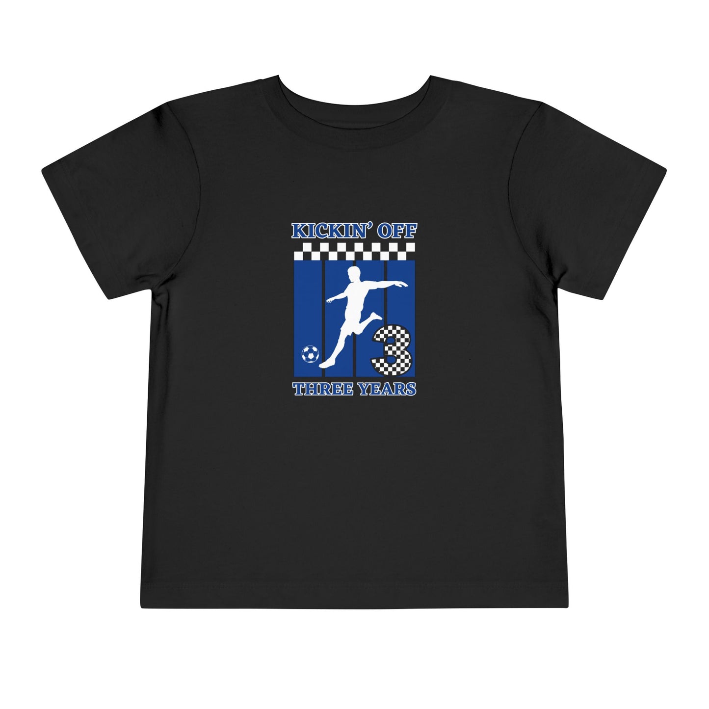 Kickin' Off Three Years Toddler Boy Tee — Soccer Third Birthday Shirt