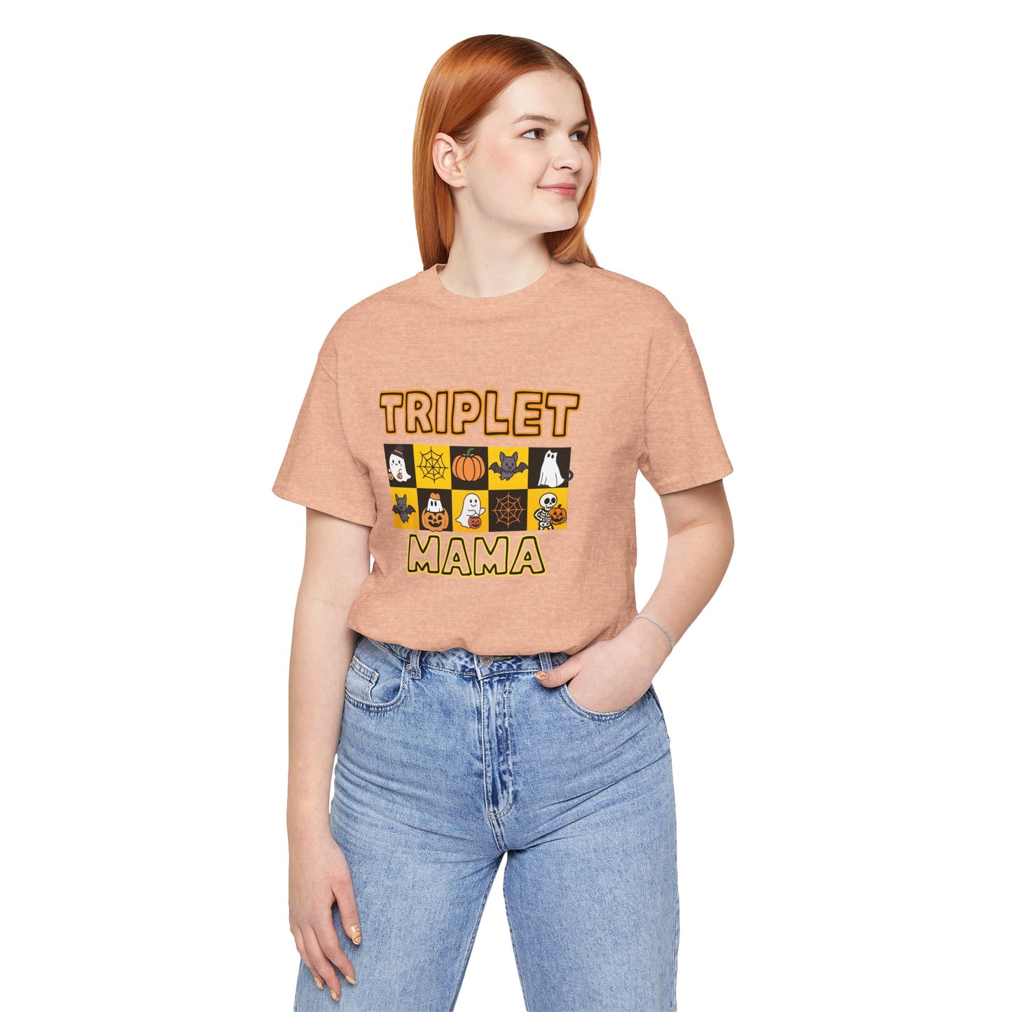 Triplet Mama Halloween Tee — Cute Spooky Mom Shirt with Ghosts & Pumpkins