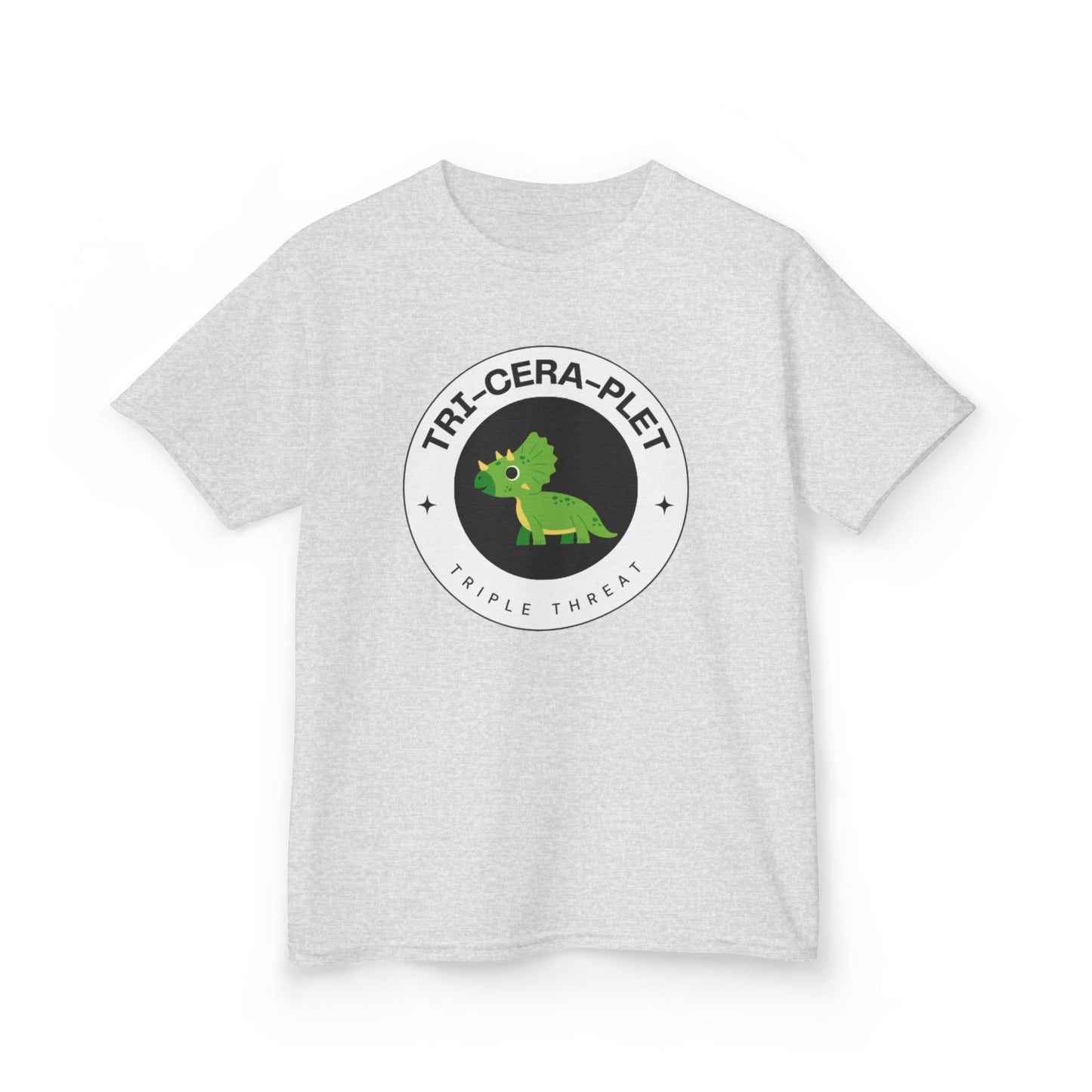 Tri-Cera-Plet Young Kids T-Shirt - Fun Dino Graphic T-Shirt for Triplets