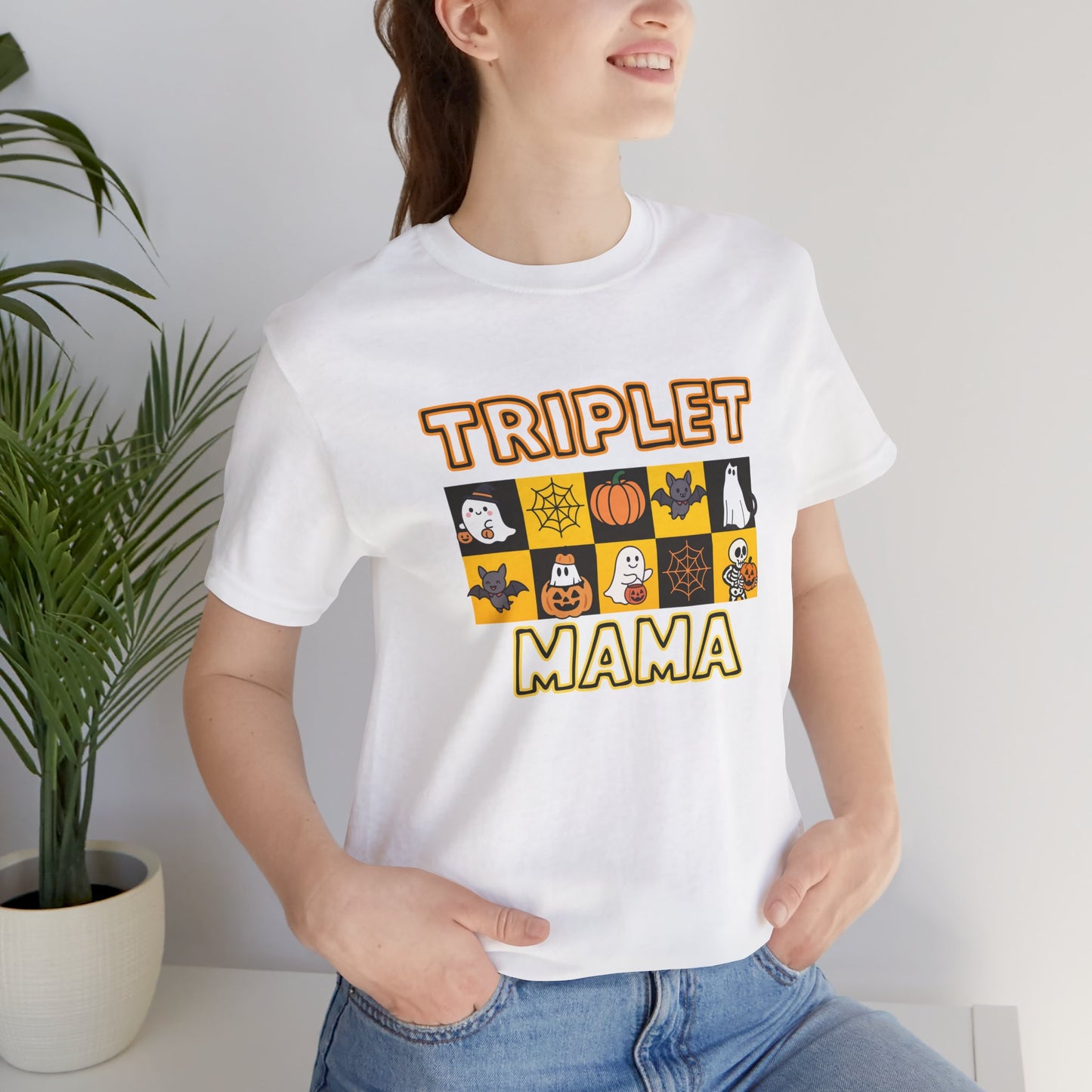 Triplet Mama Halloween Tee — Cute Spooky Mom Shirt with Ghosts & Pumpkins