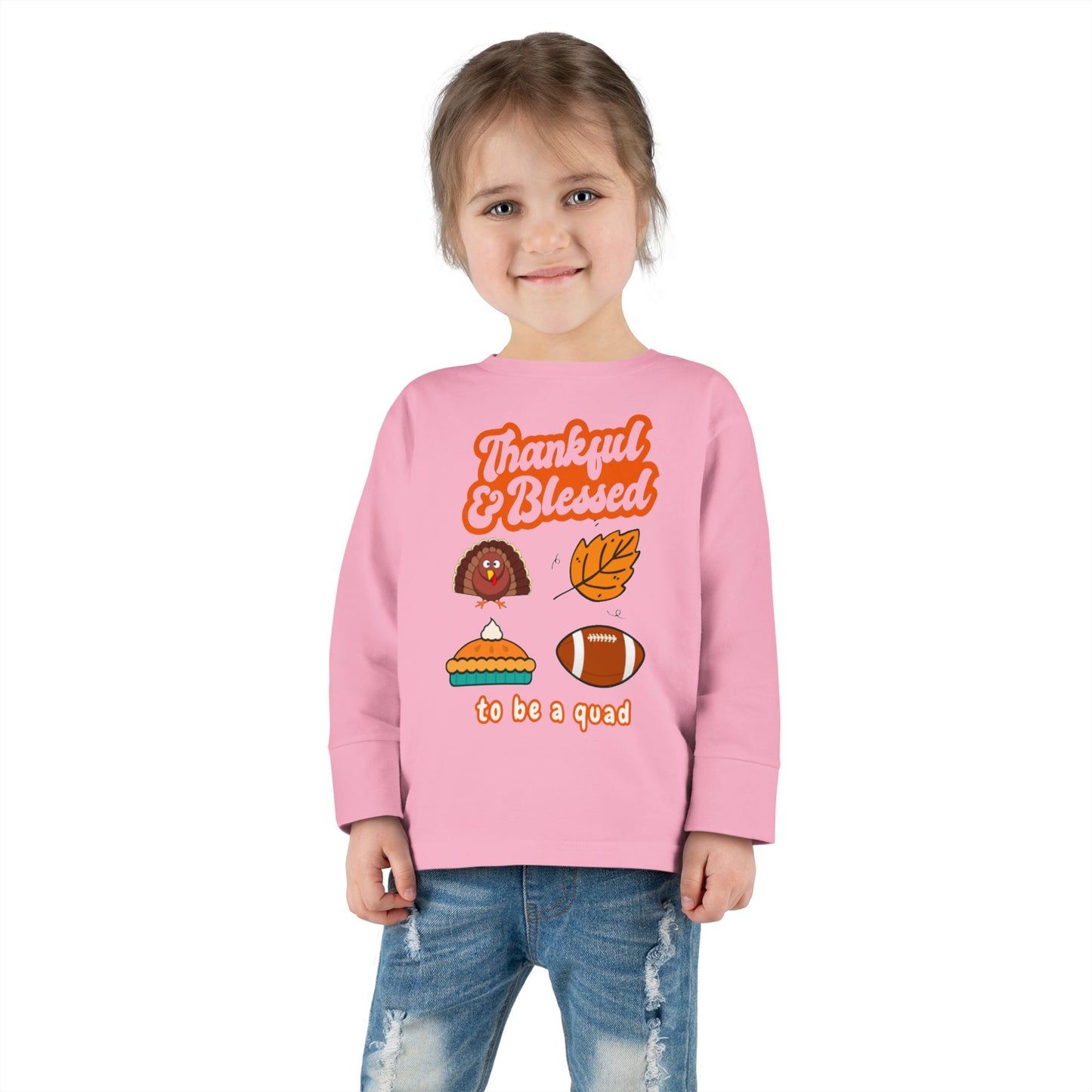 Quadruplet Long Sleeve Tee — "Thankful & Blessed" Thanksgiving Turkey Football Pie Fall Shirt