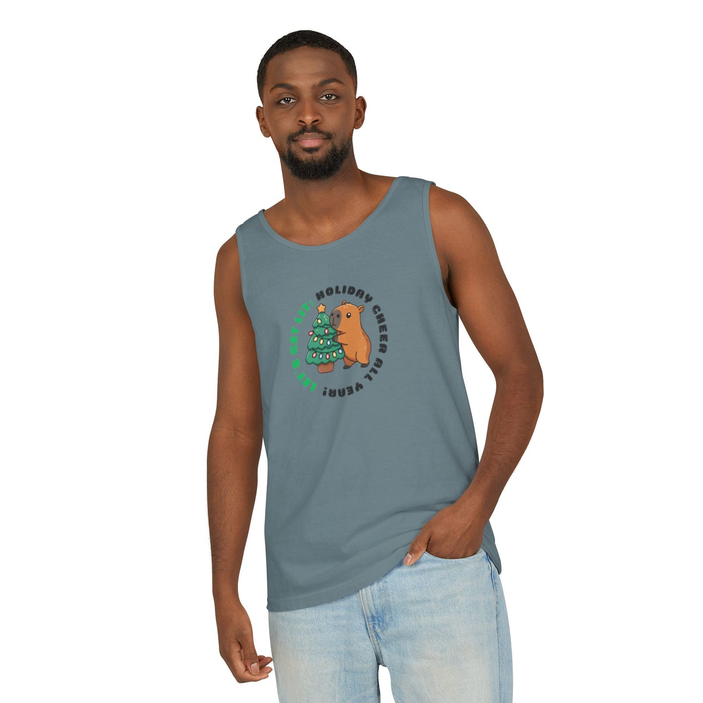 Unisex Holiday Cheer Tank Top — "Get Lit" Christmas Tree & Capybara Graphic
