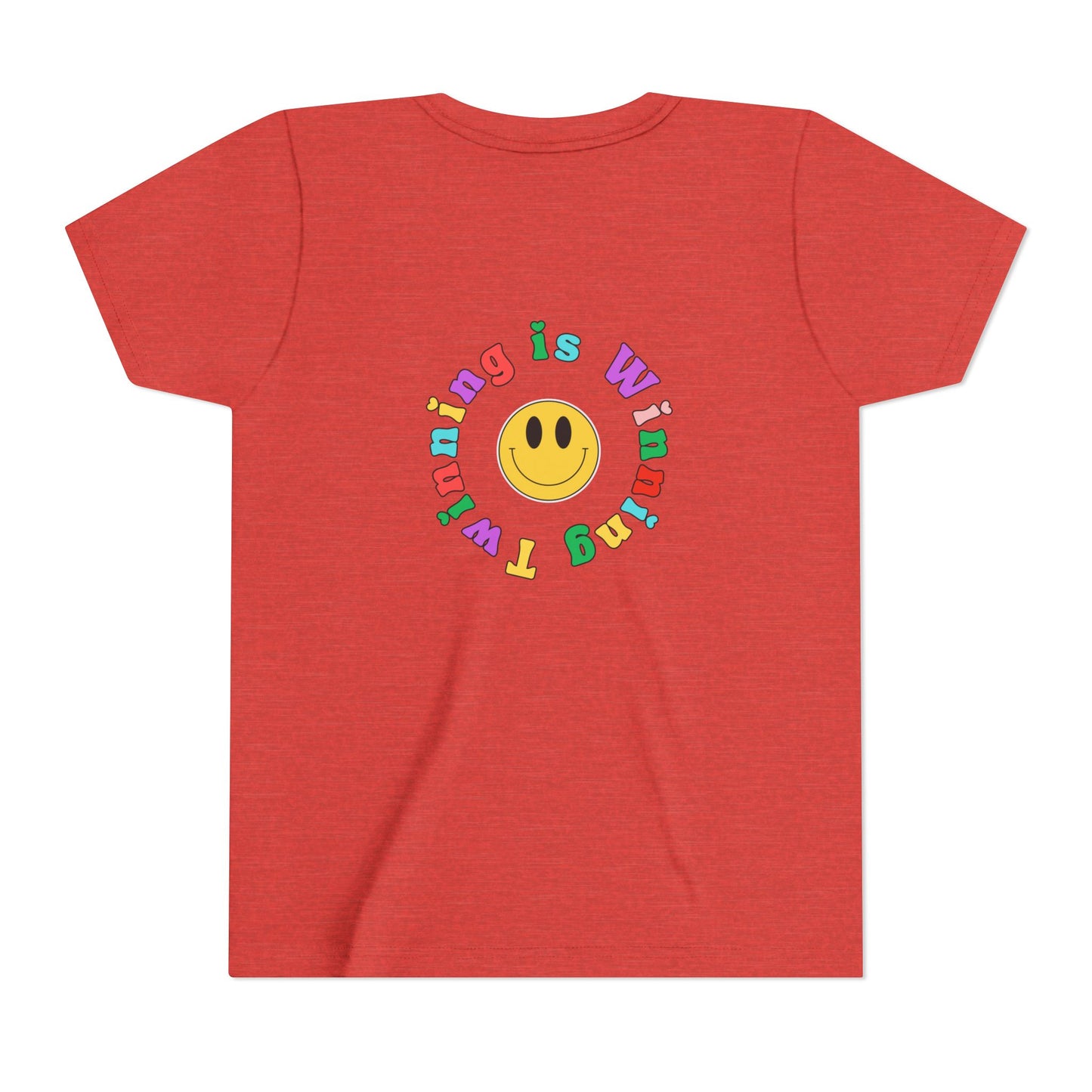 Twin Gymnastics Tee- Front and Back Retro Smiley Face Designs — 'Twinning is Winning' Rainbow