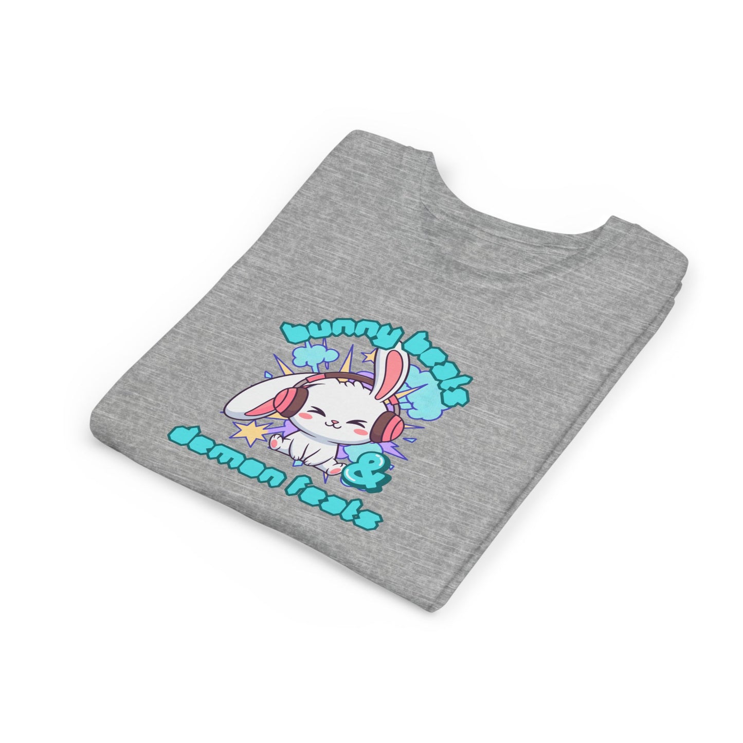 Cute Easter Bunny Headphones Graphic Tee for Young Adults- "Bunny Beats and Demon Feats" Anime K-pop Shirt