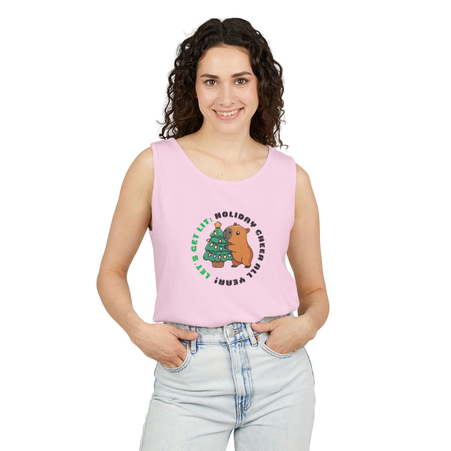 Unisex Holiday Cheer Tank Top — "Get Lit" Christmas Tree & Capybara Graphic