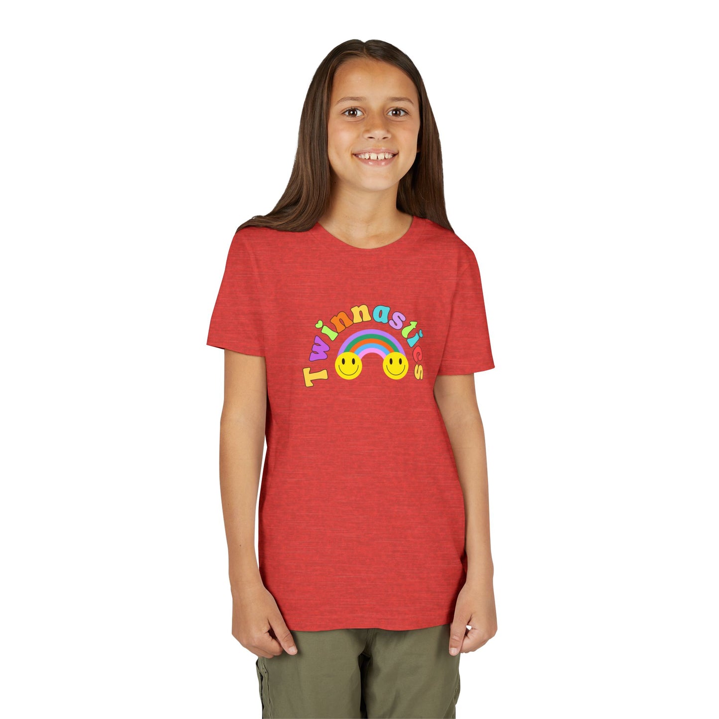 Twin Gymnastics Tee- Front and Back Retro Smiley Face Designs — 'Twinning is Winning' Rainbow