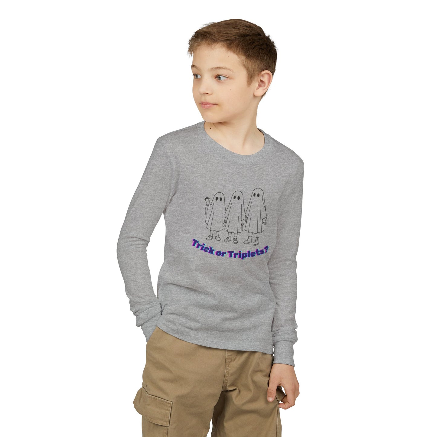 Youth Long Sleeve Tee — 'Trick or Triplets?' Ghosts Halloween Shirt