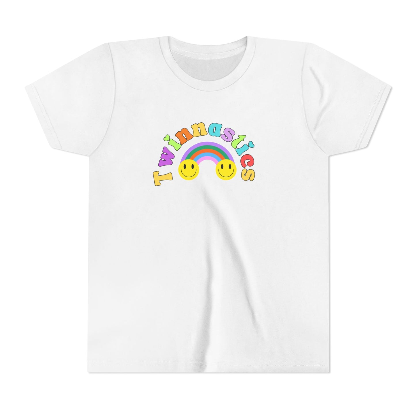 Twin Gymnastics Tee- Front and Back Retro Smiley Face Designs — 'Twinning is Winning' Rainbow