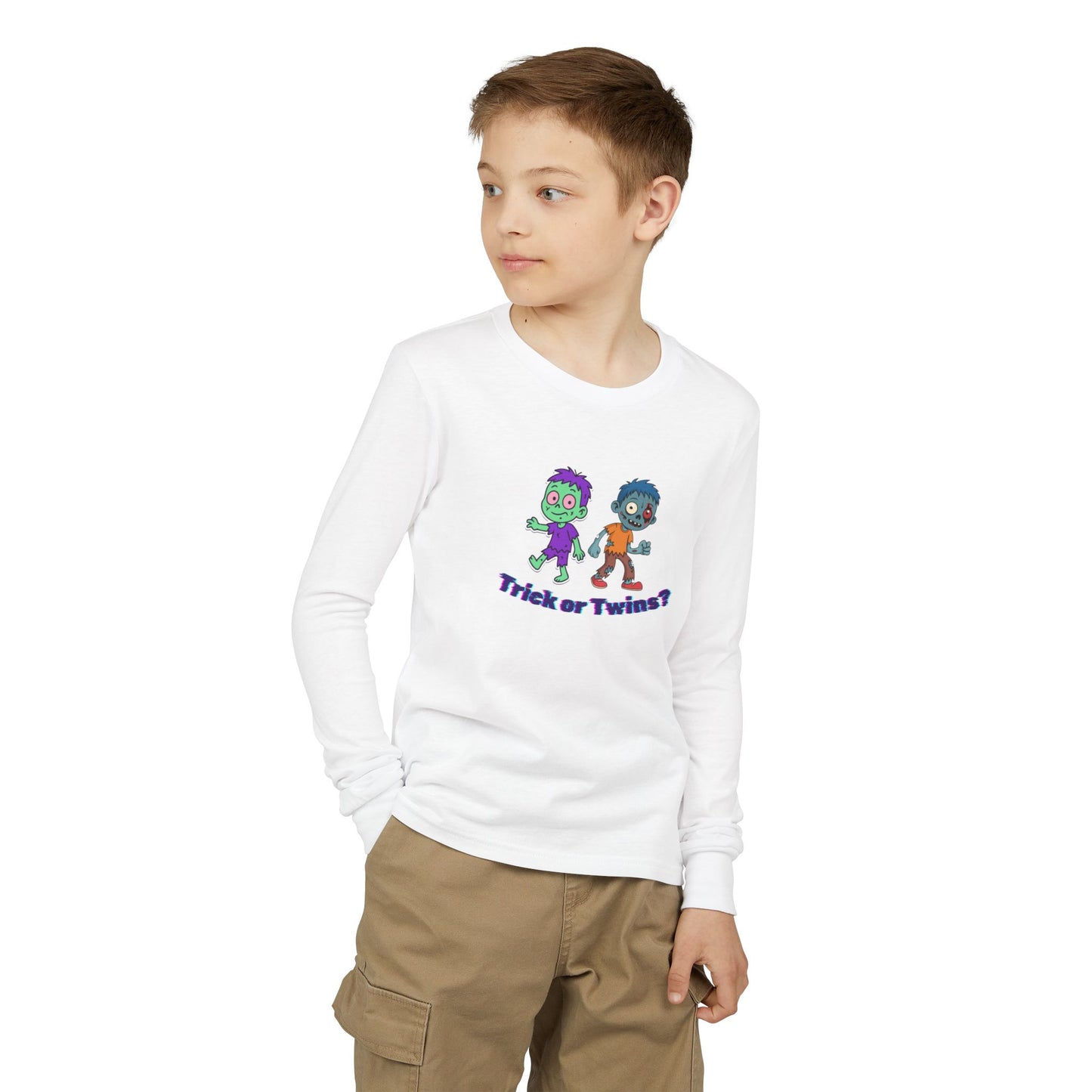 Youth Long Sleeve Tee — "Trick or Twins?" Cute Halloween Twin Zombie Graphic