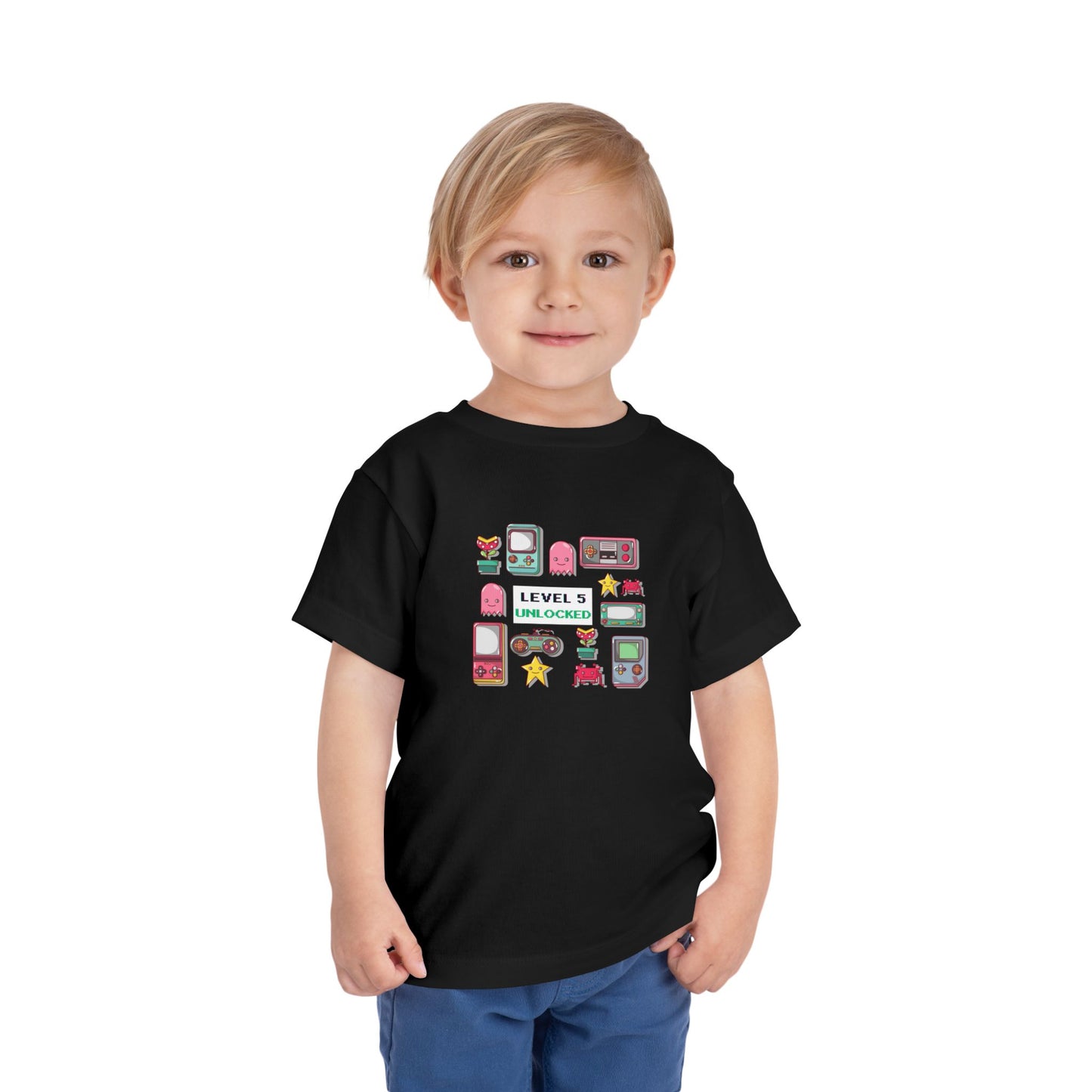 5th Birthday Tee — "Level 5 Unlocked" Retro Game Icons