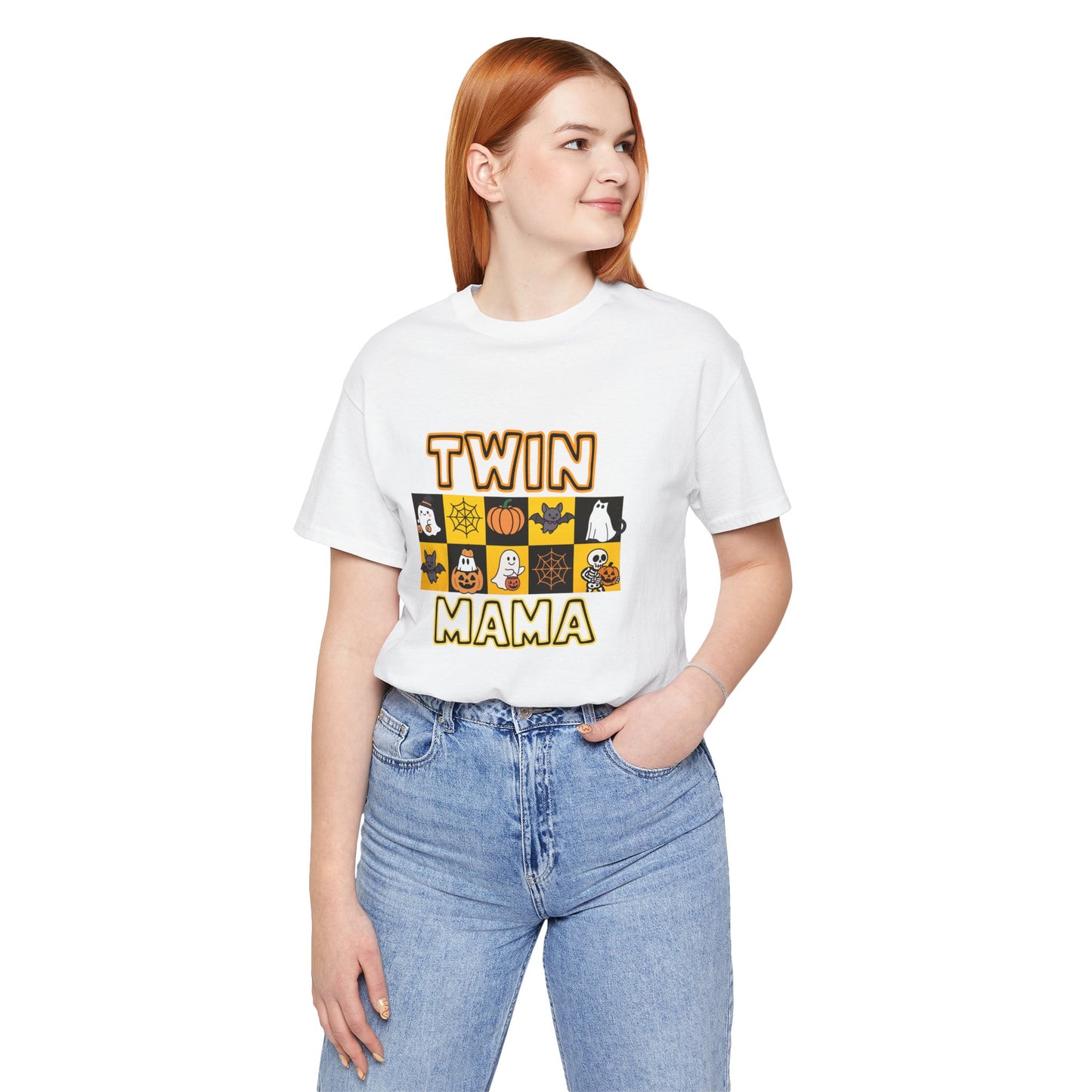 Twin Mama Halloween Tee – Cute Spooky Checkerboard Shirt for Twin Moms