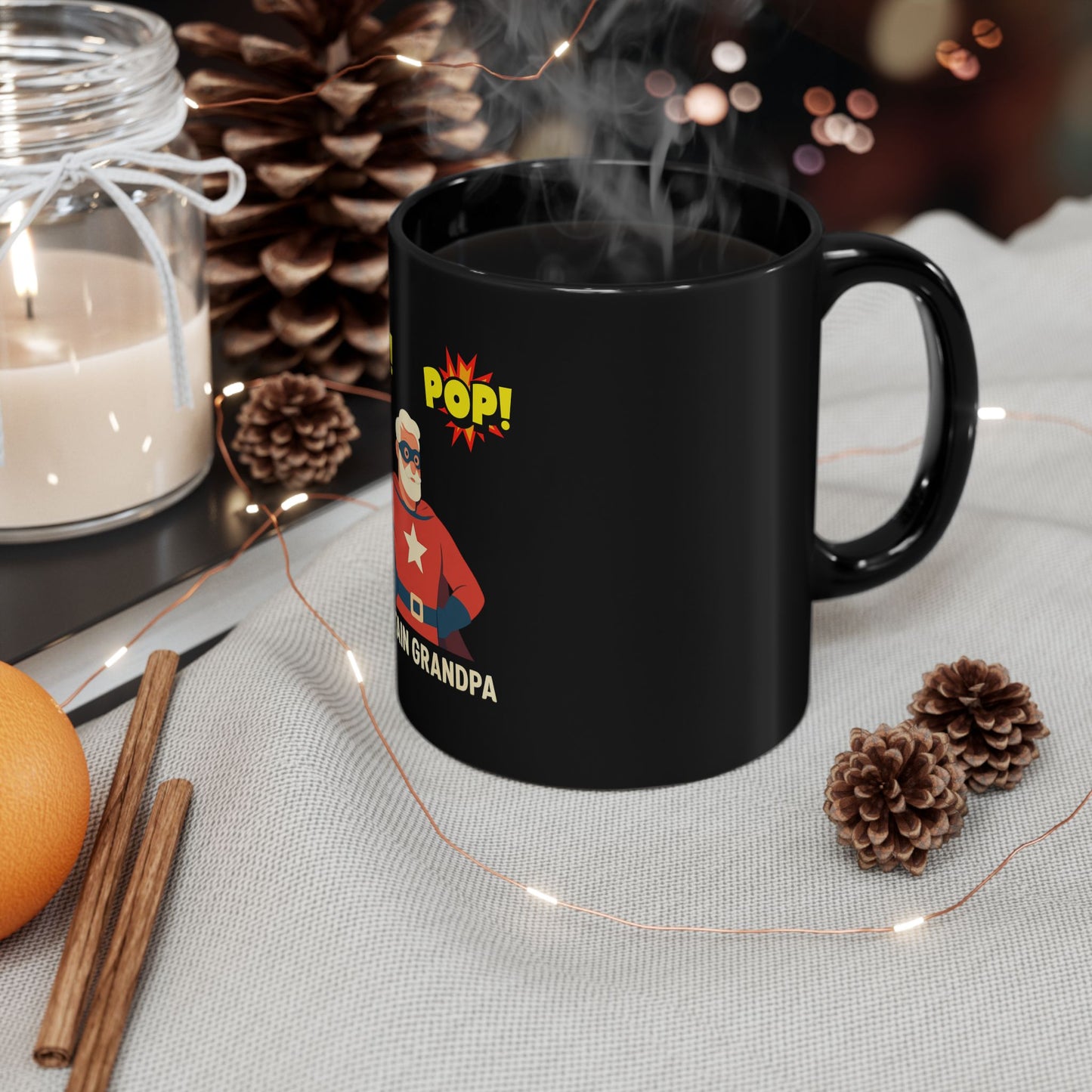 Captain Grandpa Black Mug – "Pop! Pop!" Superhero Grandpa Coffee Cup (11oz/15oz)