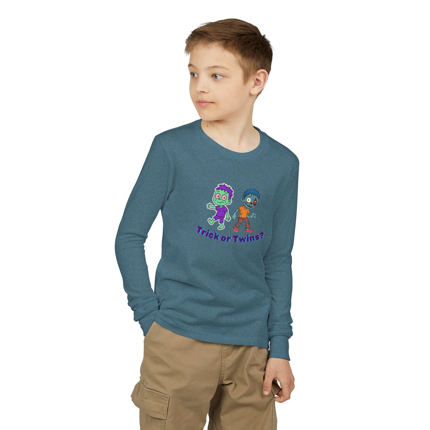 Youth Long Sleeve Tee — "Trick or Twins?" Cute Halloween Twin Zombie Graphic