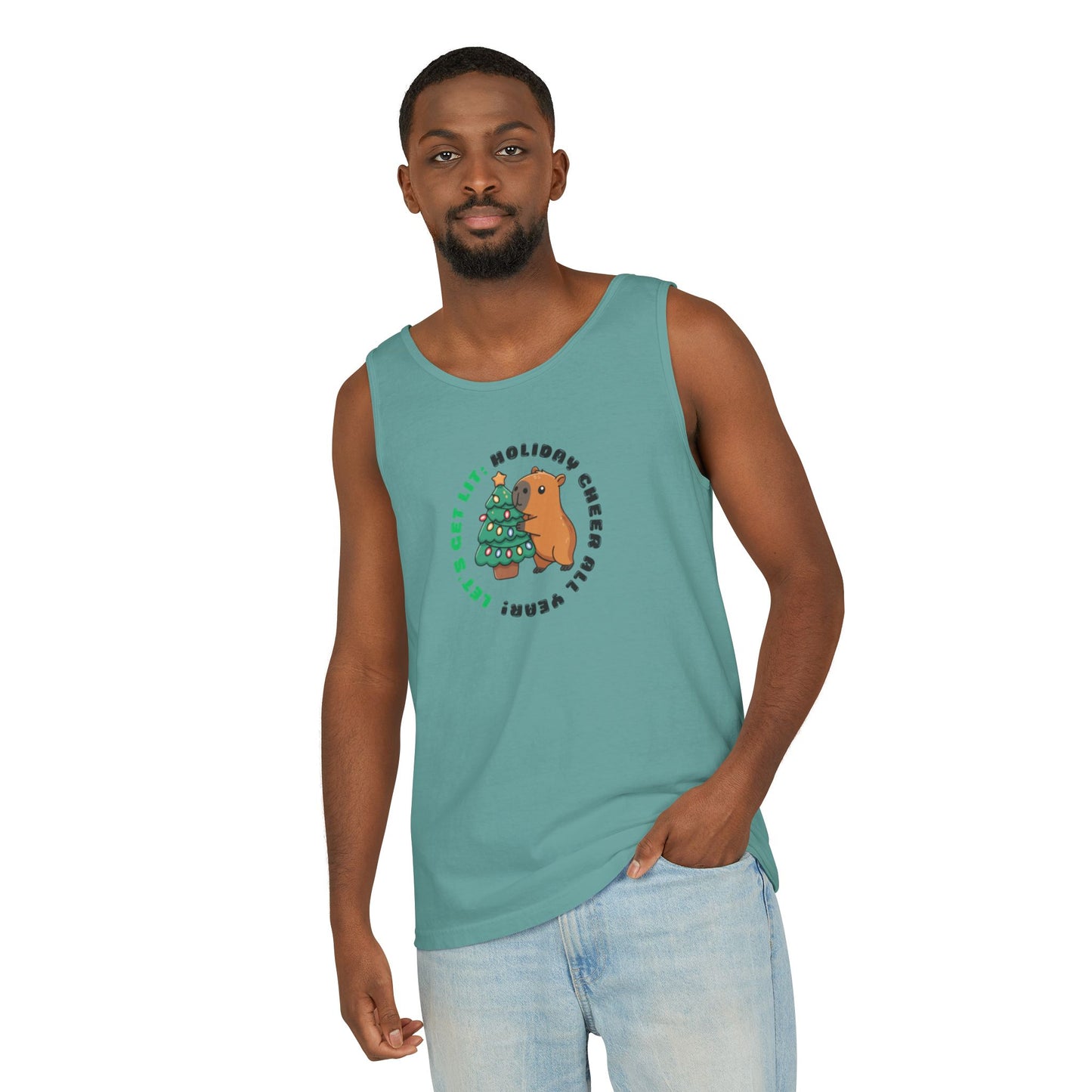 Unisex Holiday Cheer Tank Top — "Get Lit" Christmas Tree & Capybara Graphic