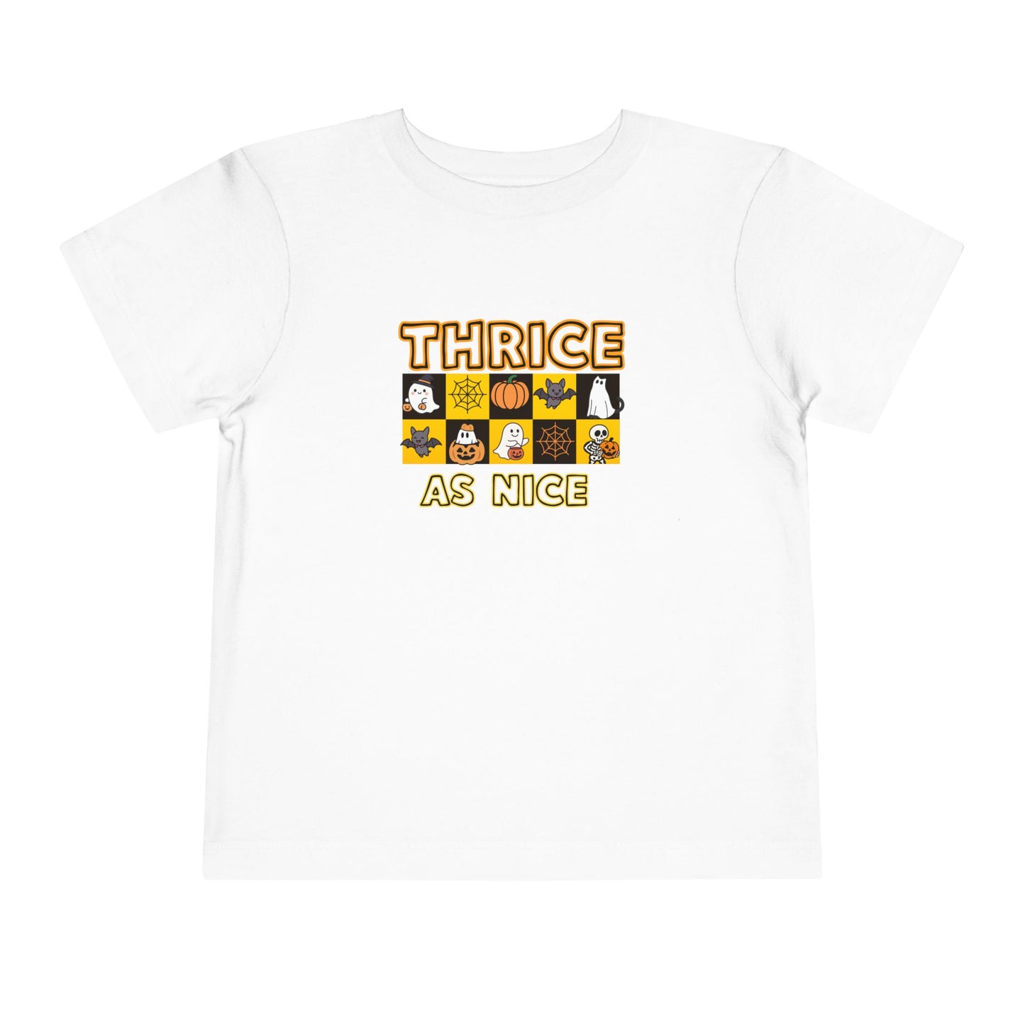 Triplet Halloween Matching Tee — "Thrice As Nice" Cute Checkerboard Fall Graphic (2 to 5 years)