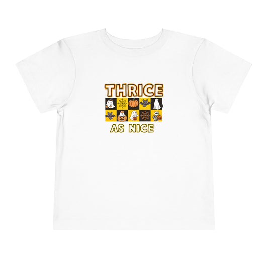 Triplet Halloween Matching Tee — "Thrice As Nice" Cute Checkerboard Fall Graphic (2 to 5 years)