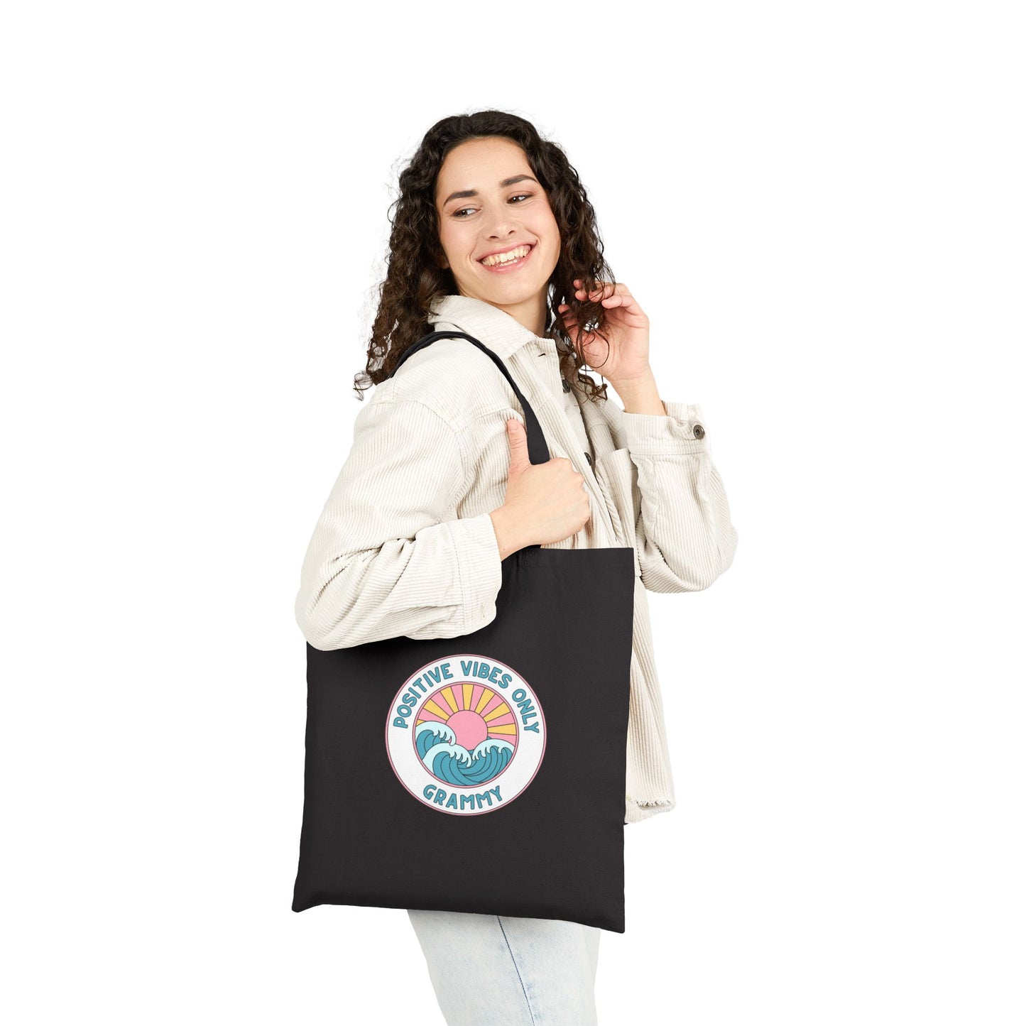 Grammy-Positive Vibes Only – Vintage Sunset Wave Canvas Shopper