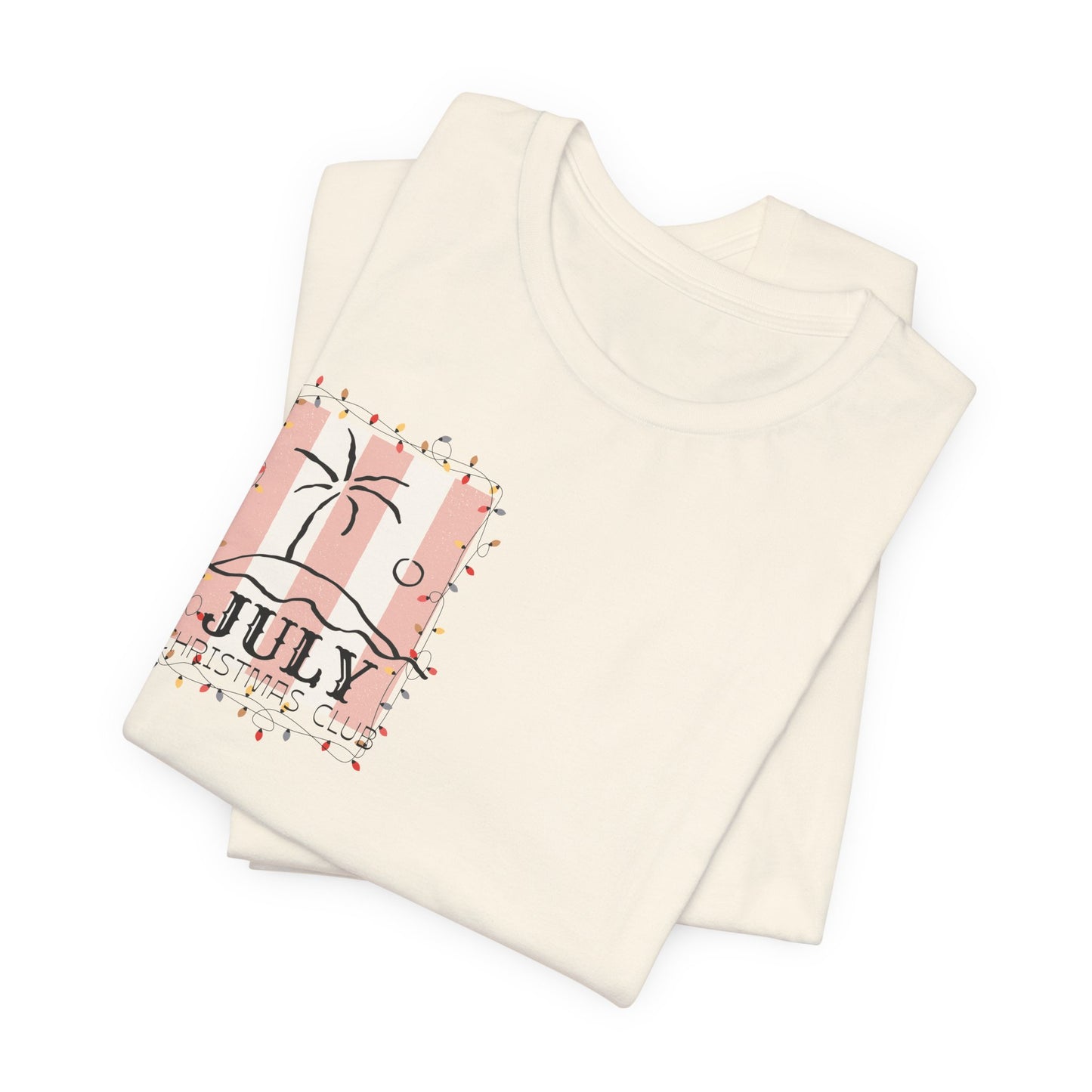 July Christmas Club — Tropical Palm & Holiday Lights Beach Shirt- FRONT AND BACK DESIGN