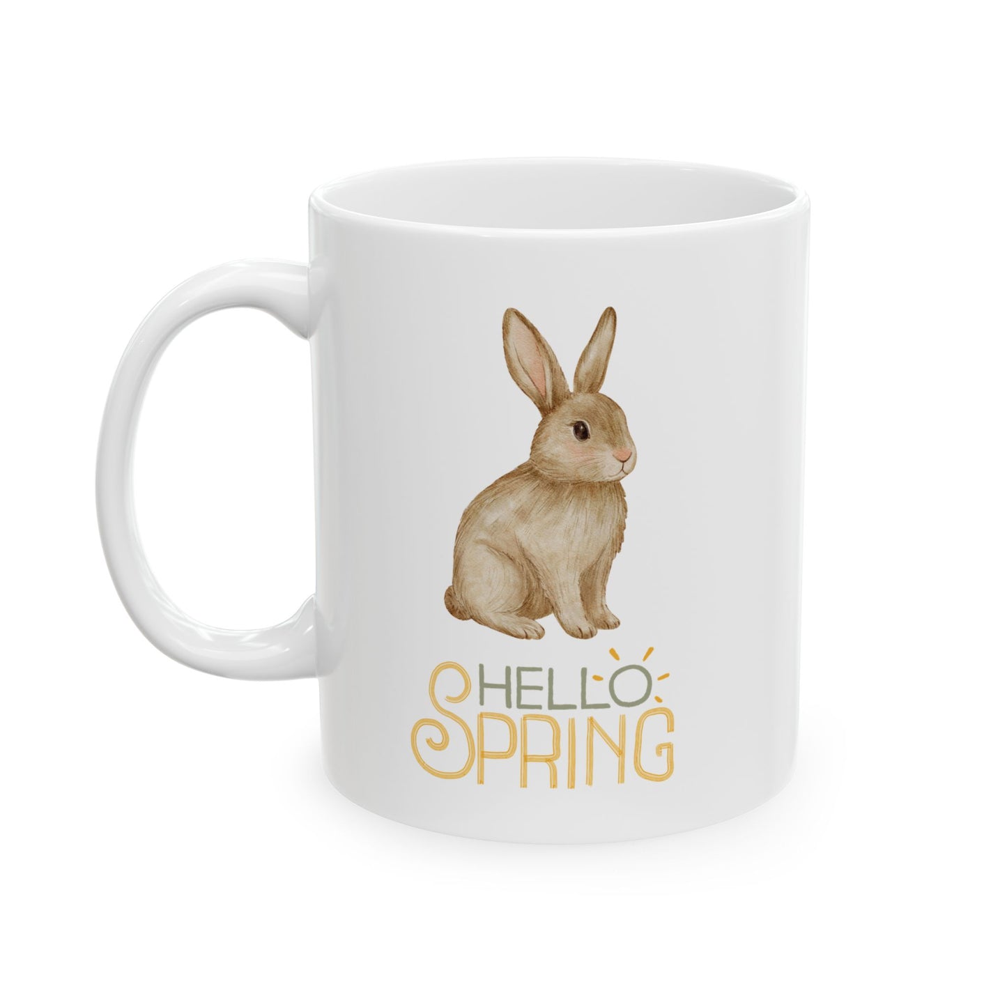 Hello Spring Bunny Ceramic Mug — Cute Watercolor Rabbit Coffee Cup