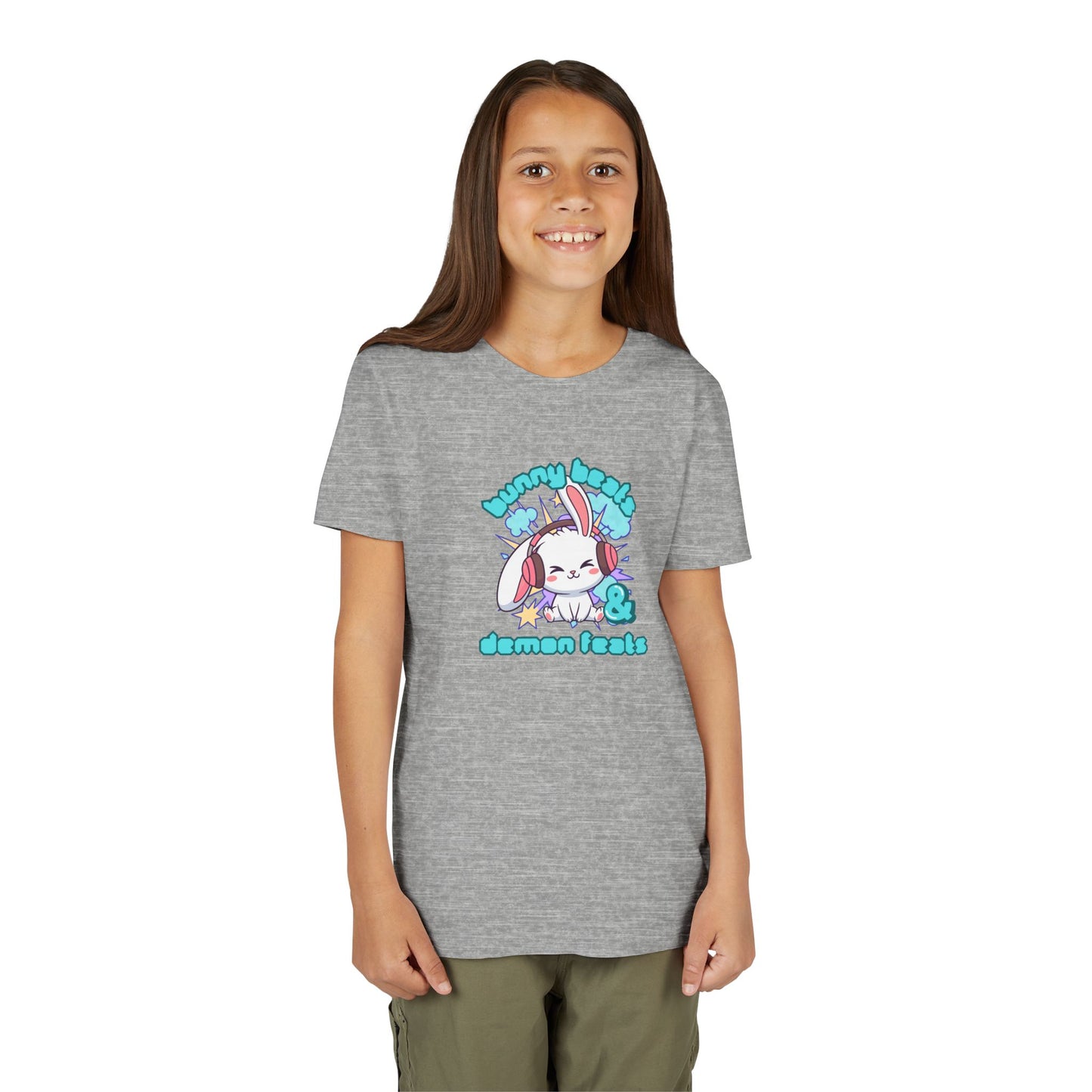 Cute Easter Bunny Headphones Graphic Tee for Young Adults- "Bunny Beats and Demon Feats" Anime K-pop Shirt