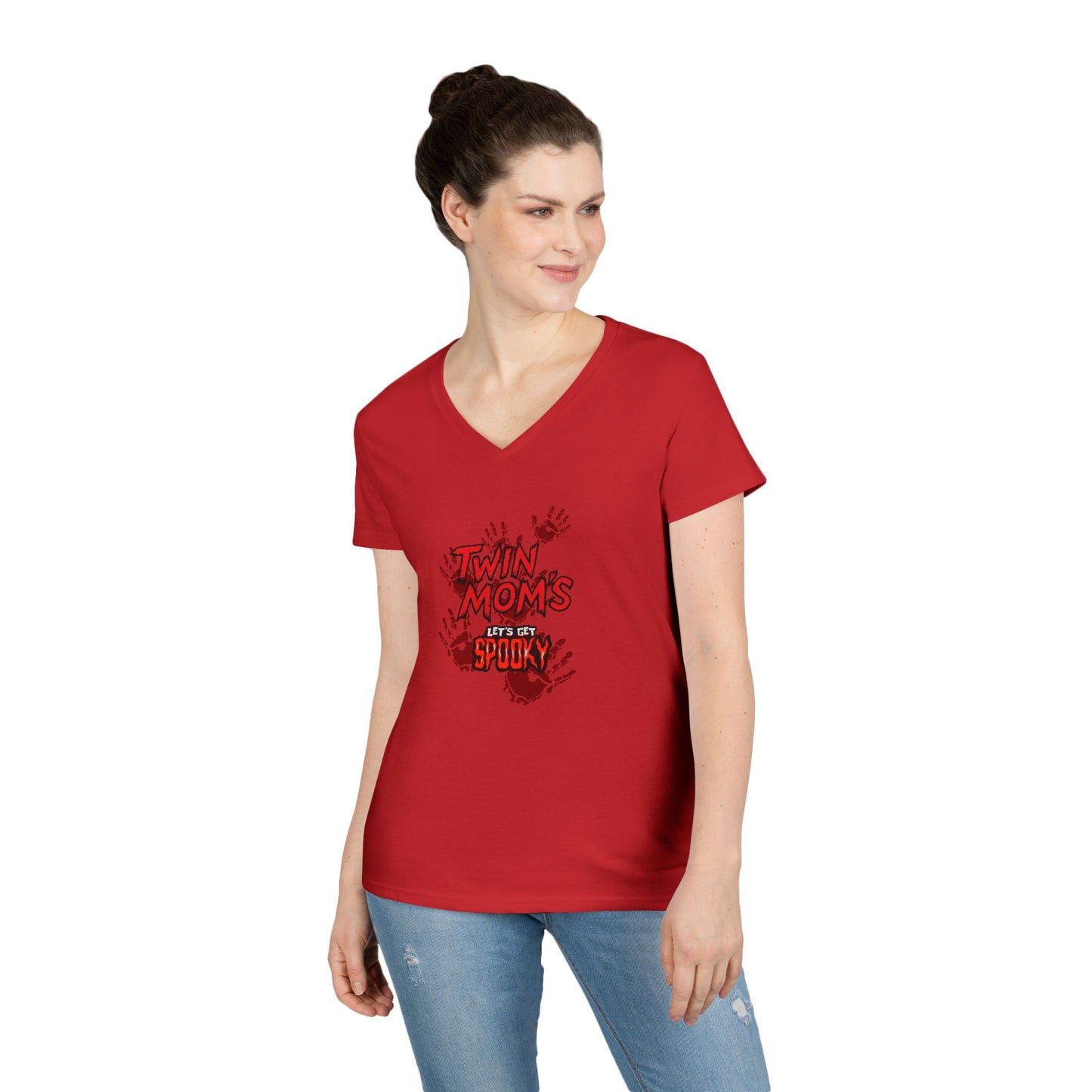 Twin Moms Get Spooky V-Neck Tee — Halloween Graphic T-Shirt for Twin Moms