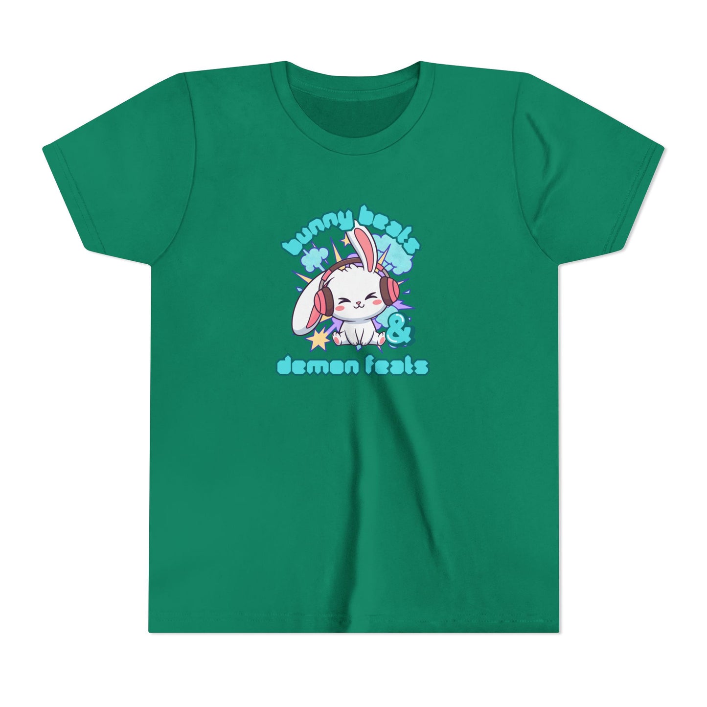 Cute Easter Bunny Headphones Graphic Tee for Young Adults- "Bunny Beats and Demon Feats" Anime K-pop Shirt