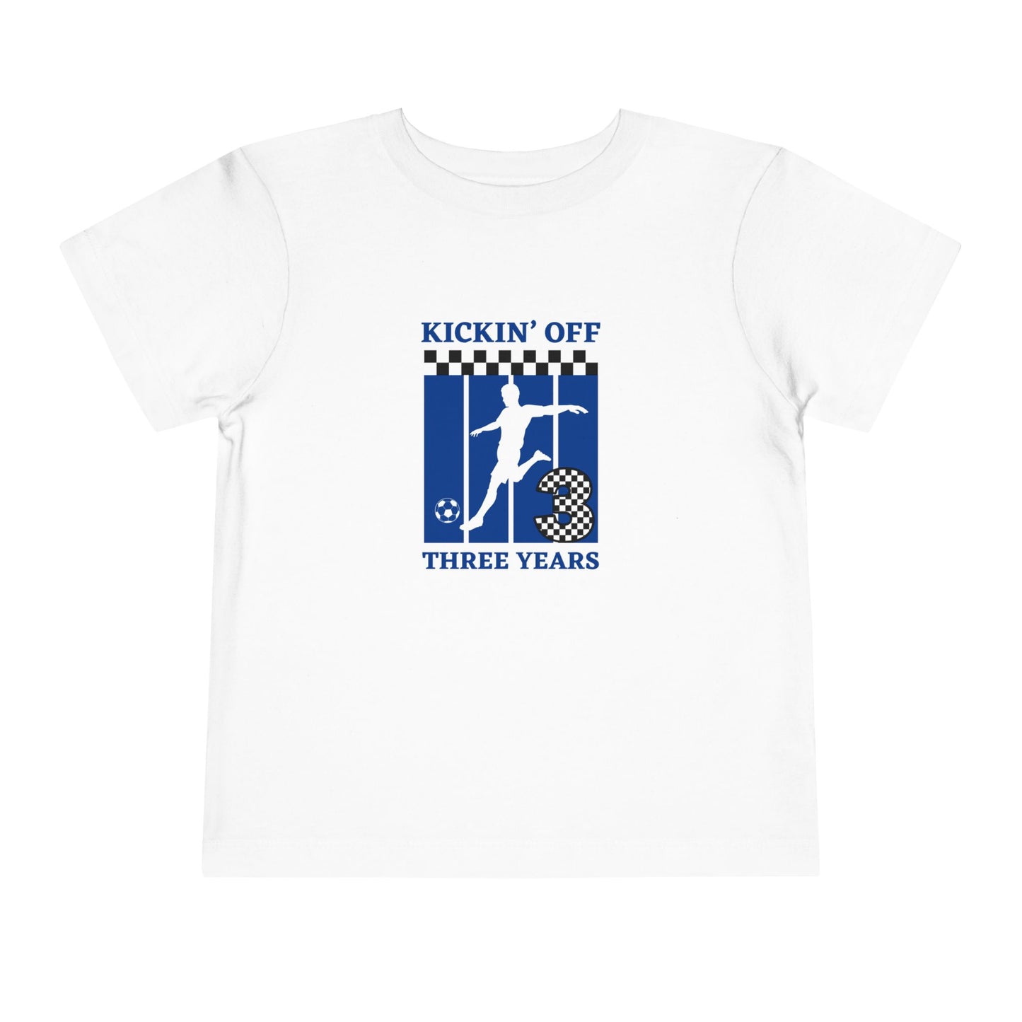 Kickin' Off Three Years Toddler Boy Tee — Soccer Third Birthday Shirt