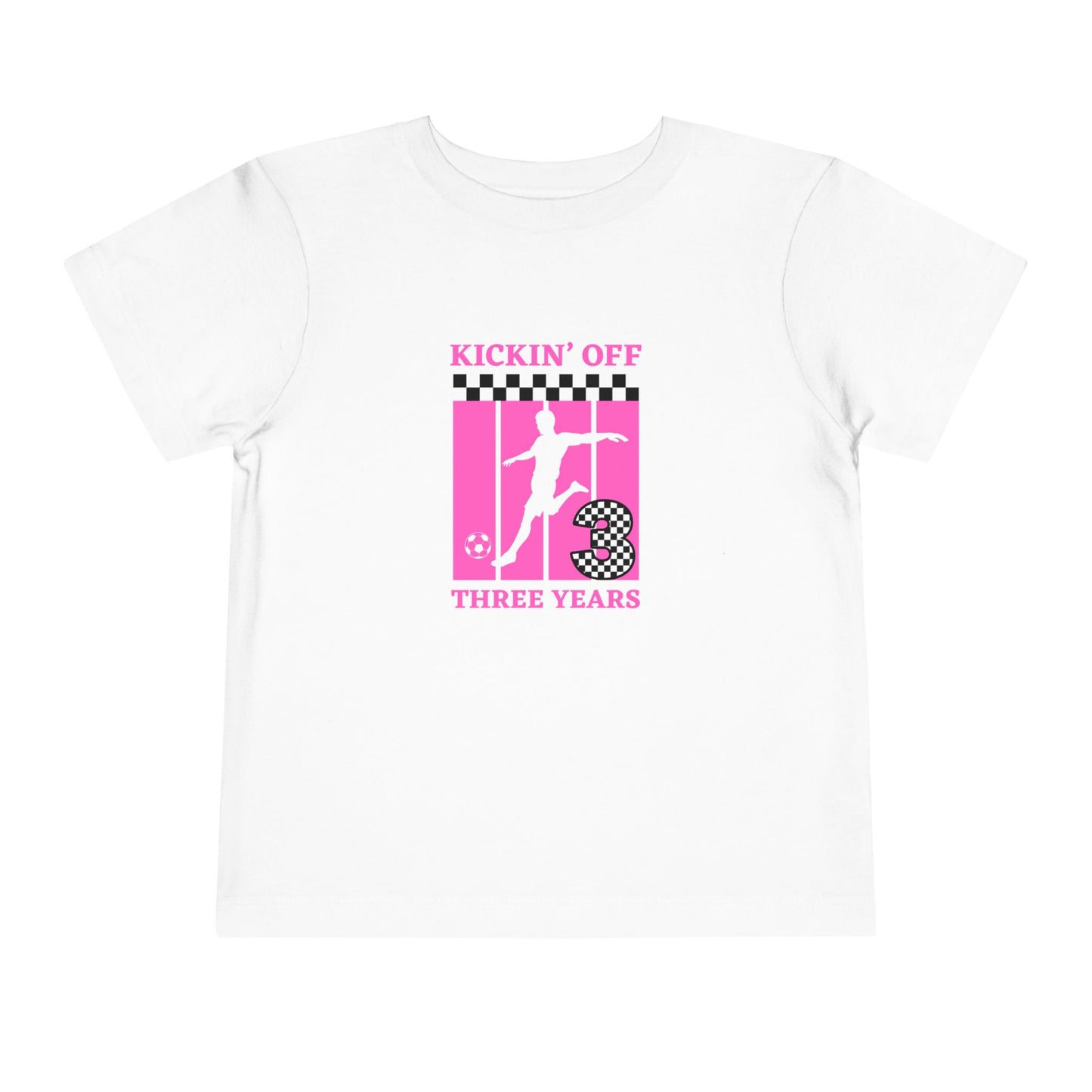 Toddler Girls Soccer Third Birthday Tee — "Kickin' Off Three Years" Pink