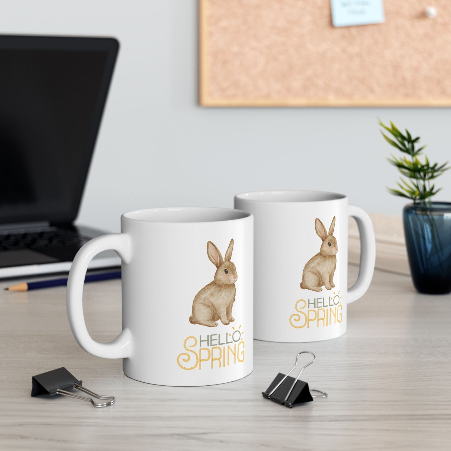 Hello Spring Bunny Ceramic Mug — Cute Watercolor Rabbit Coffee Cup