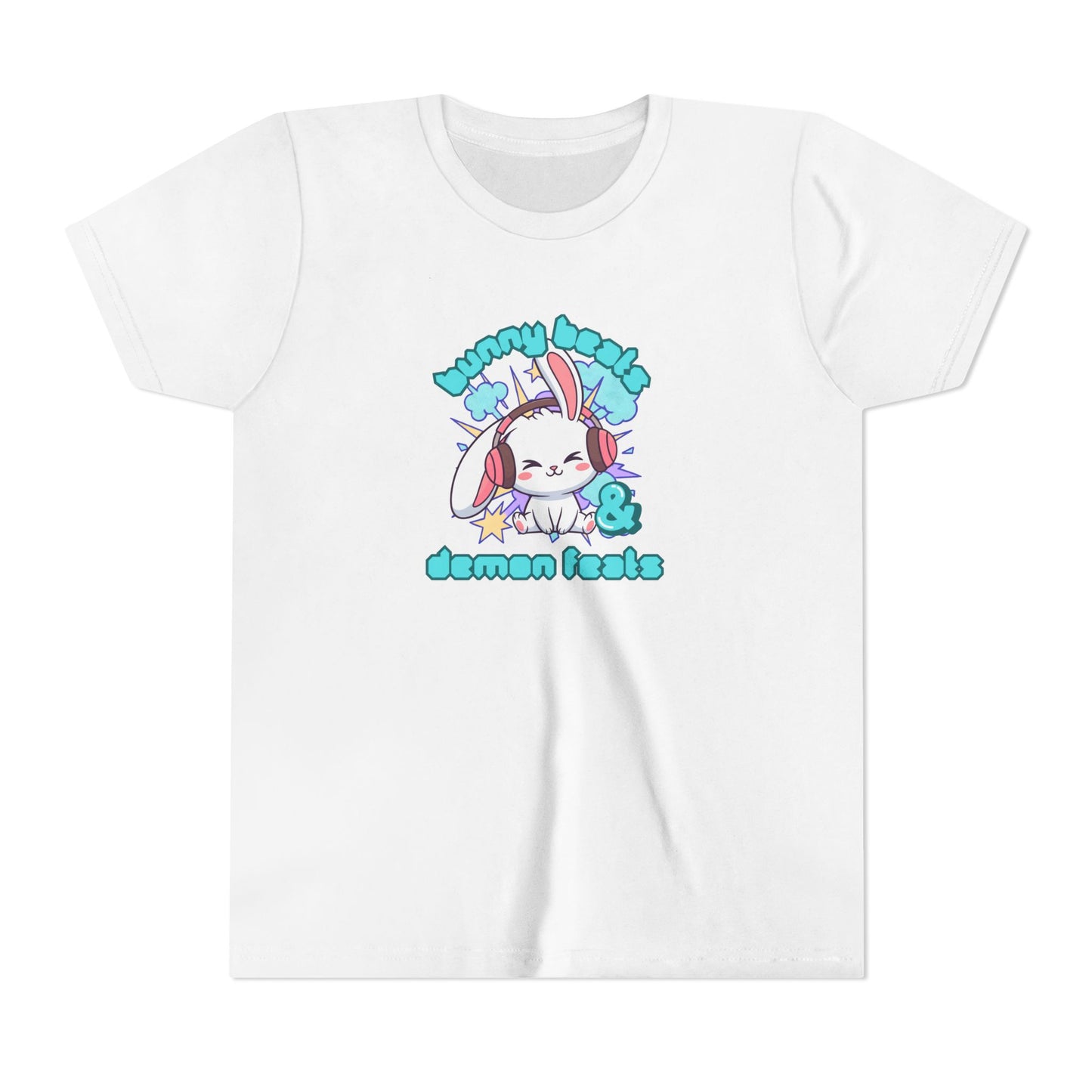 Cute Easter Bunny Headphones Graphic Tee for Young Adults- "Bunny Beats and Demon Feats" Anime K-pop Shirt