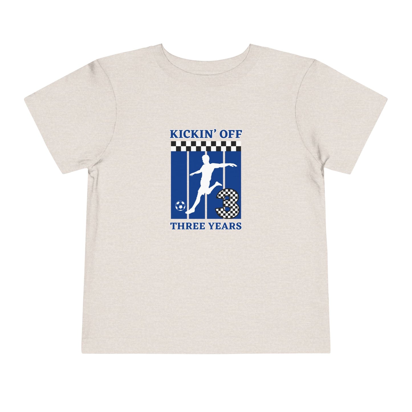 Kickin' Off Three Years Toddler Boy Tee — Soccer Third Birthday Shirt