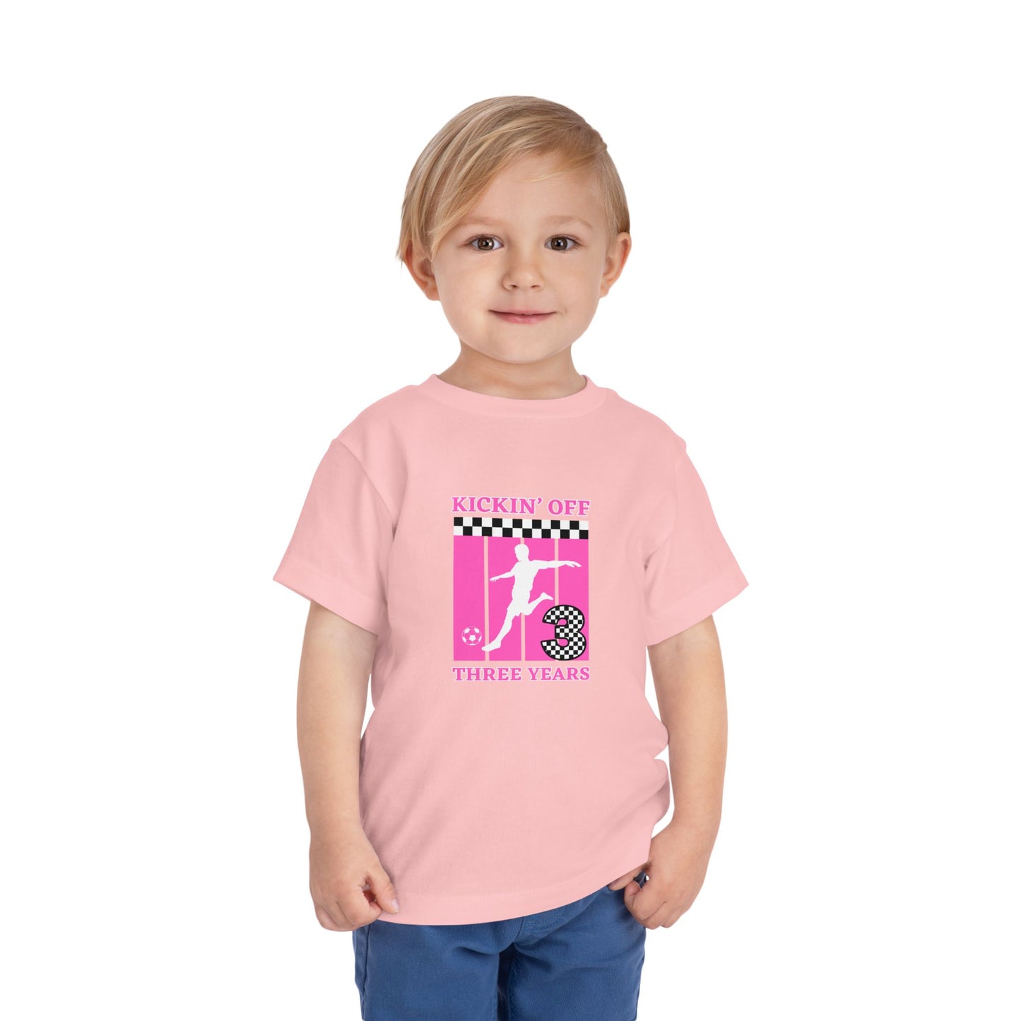 Toddler Girls Soccer Third Birthday Tee — "Kickin' Off Three Years" Pink